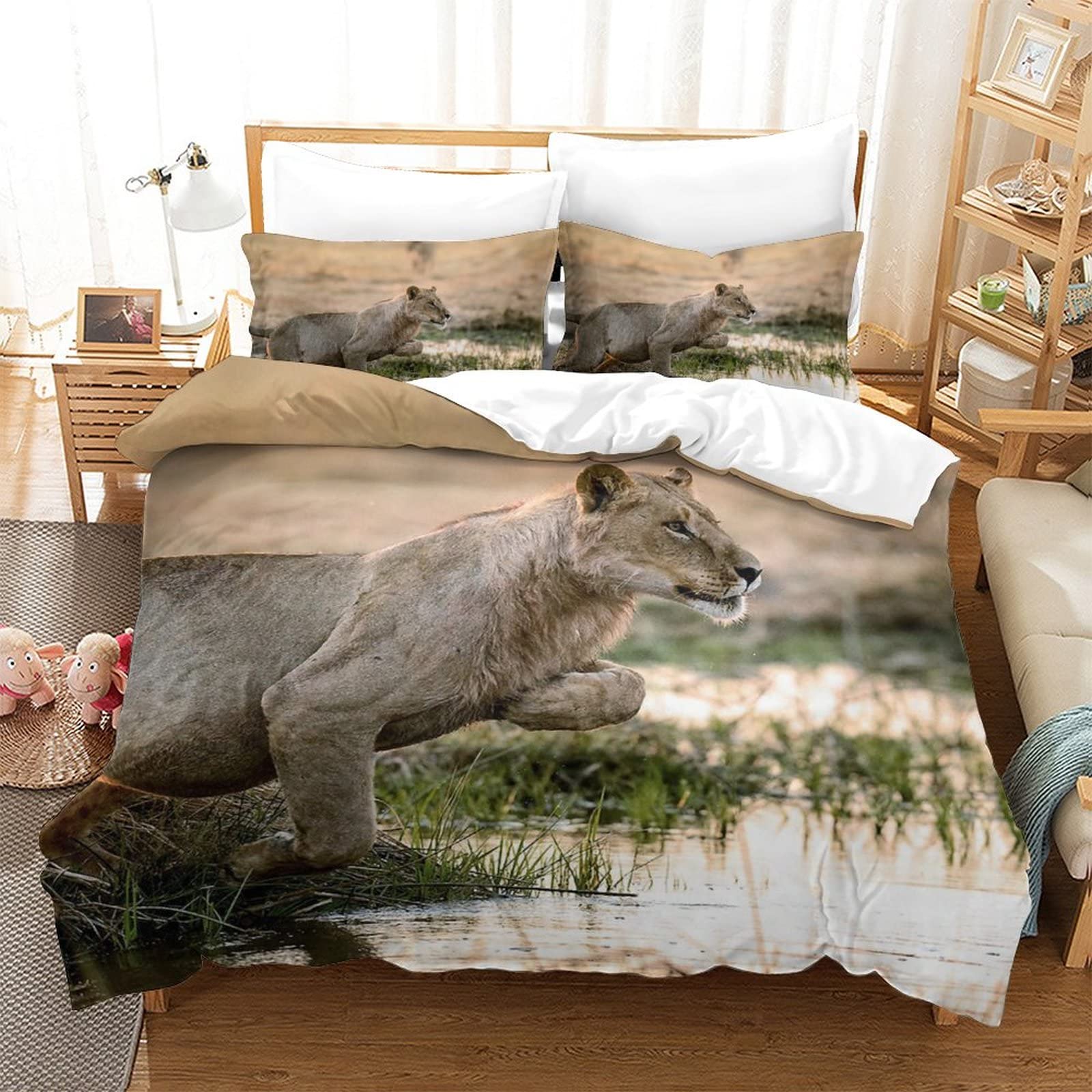 Housse de couette lion 3D 220x240cm avec 2 taies d'oreiller pour lit king