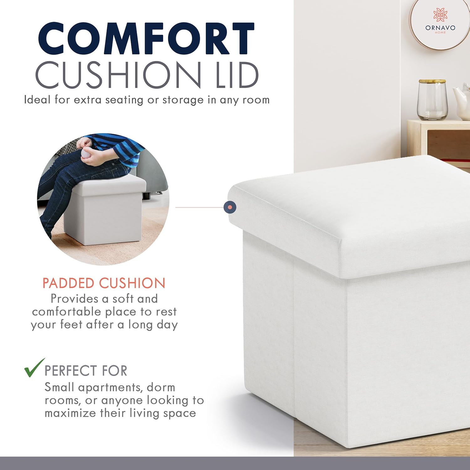 Ornavo Home Small Storage Ottoman Foldable Collapsible Cube Square Linen Ottoman Foot Rest Stool Seat, for Living Room, Bedroom, Home Office, Dorm - 12 x 12 x 12, White - Image 4
