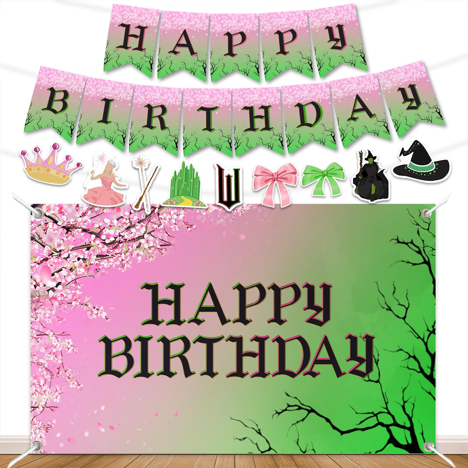 Witch Birthday Banner Backdrop Party Decorations, Pink and Green Birthday Party Supplies, Witch Theme Photography Background Photo Booth Props Decor