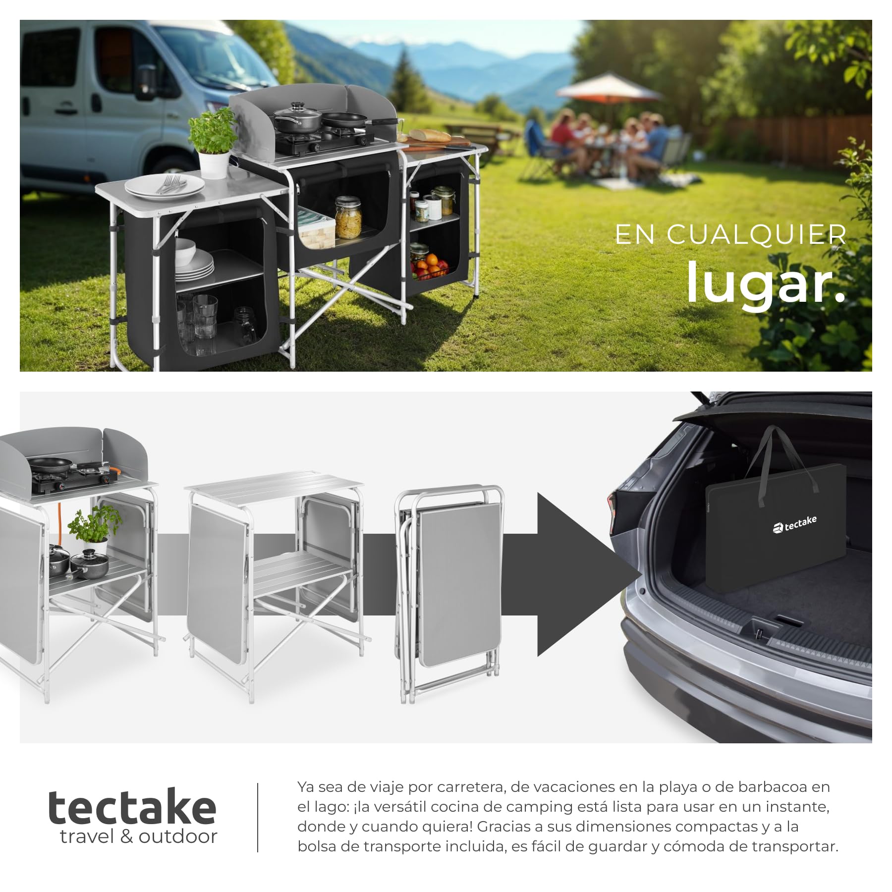 TecTake® Cocina de Camping Plegable Ligera con Bolsa de Transporte, Mesa y Armario de Cocina - Negro