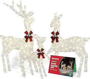 Impressive Reindeer Christmas Decoration Family [Set of 3] Large Lighted Christmas Deer Outdoor Decoration Display with 365 LED Lights all-weather (Buck/Doe/Fawn) With Red Bows/Tie-Down Stakes - White