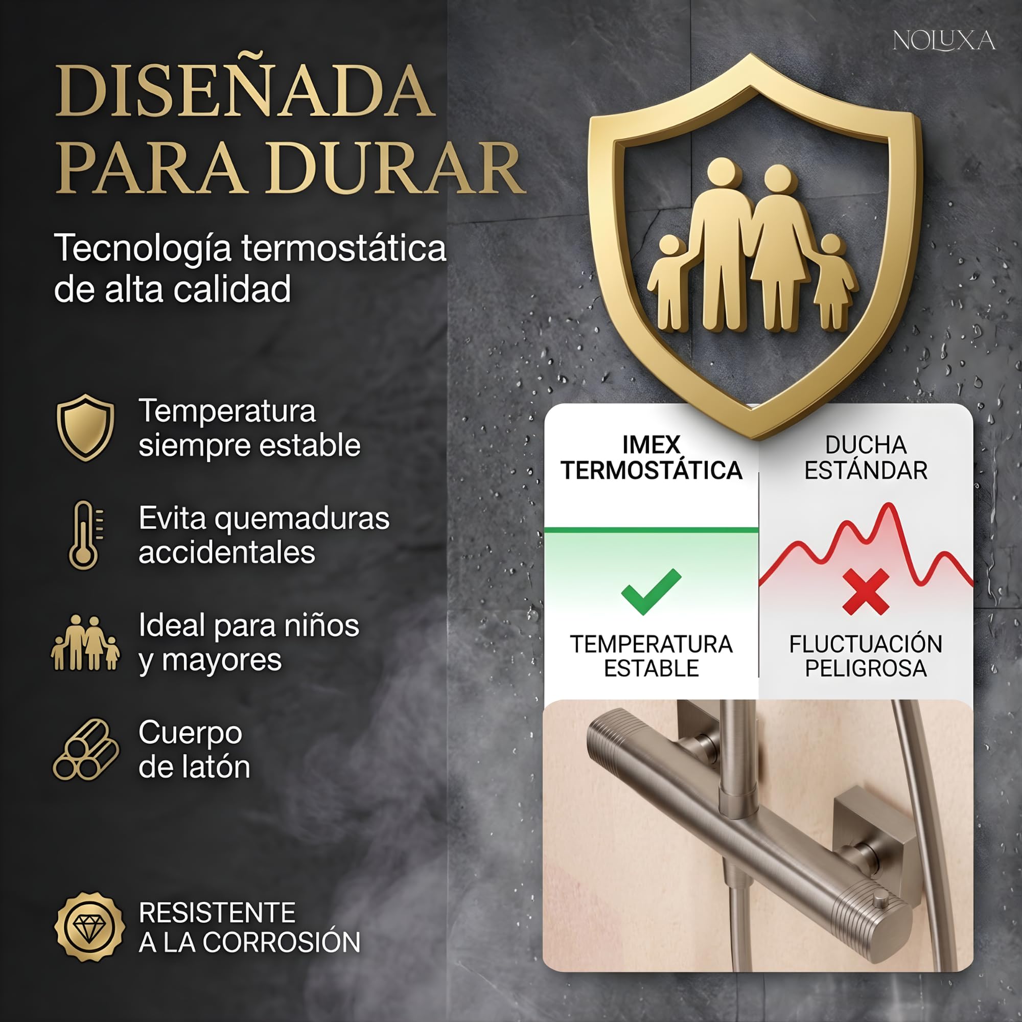 IMEX - Columna Ducha Termostatica Níquel con Grifo | Conjunto de Ducha con Alcachofa y Rociador Antical Efecto Lluvia | Griferia en Latón y Acero Inox S.304 con Barra Extensible | Serie Firenze