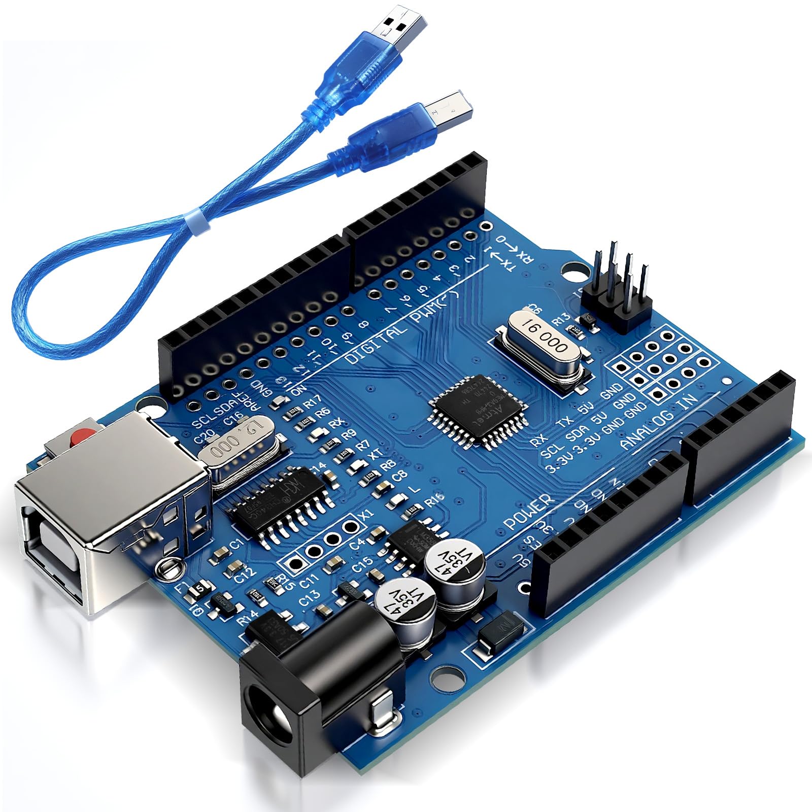 UNO R3 Carte ATmega328P avec câble USB (compatible Arduino) pour Arduino, tension d'entrée 7-12 V, 16 MHz, 14 broches numériques 1/0 prise en charge PWM, SRAW 2KB, compatible avec RPi 4B/3B+/3B/2B/B+