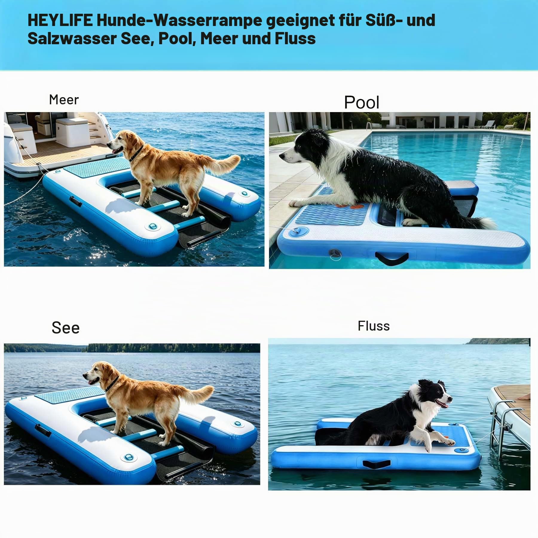 HEYLIFE Aufblasbare Hunde Wasserrampe bis 100 kg Schwimmend Pool See Blau | Hunderampen UV & Salzwasserfest 150×100×10 (cm) Rutschfeste kratzfeste EVA-Auflage Doppelhub-Handpumpe & Zubehörset