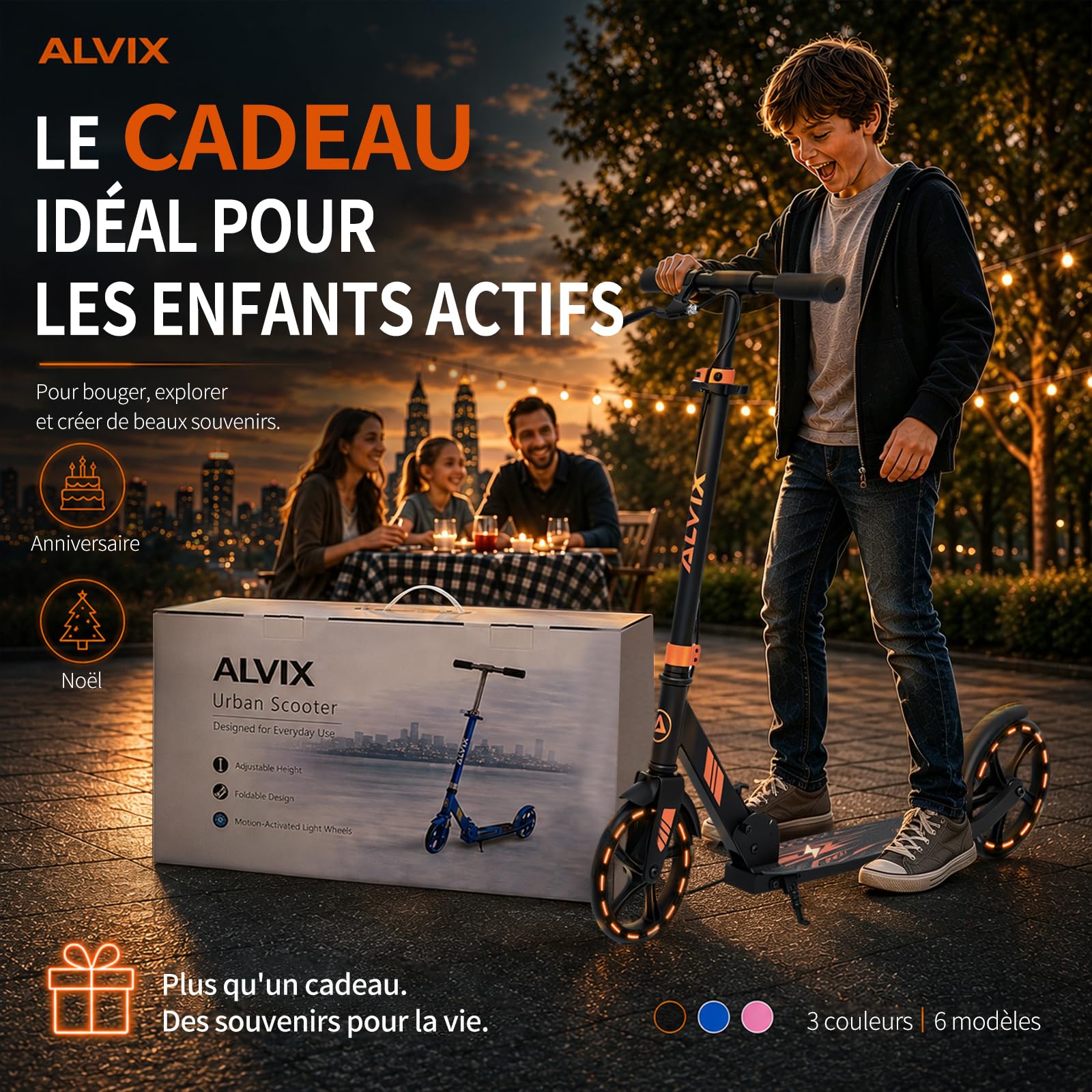 ALVIX Trottinette pour enfant avec frein à main et roues lumineuses LED, hauteur réglable à partir de 6 ans, roues de 200 mm, trottinette pliable avec sangle de transport, large plateau, jusqu'à 100