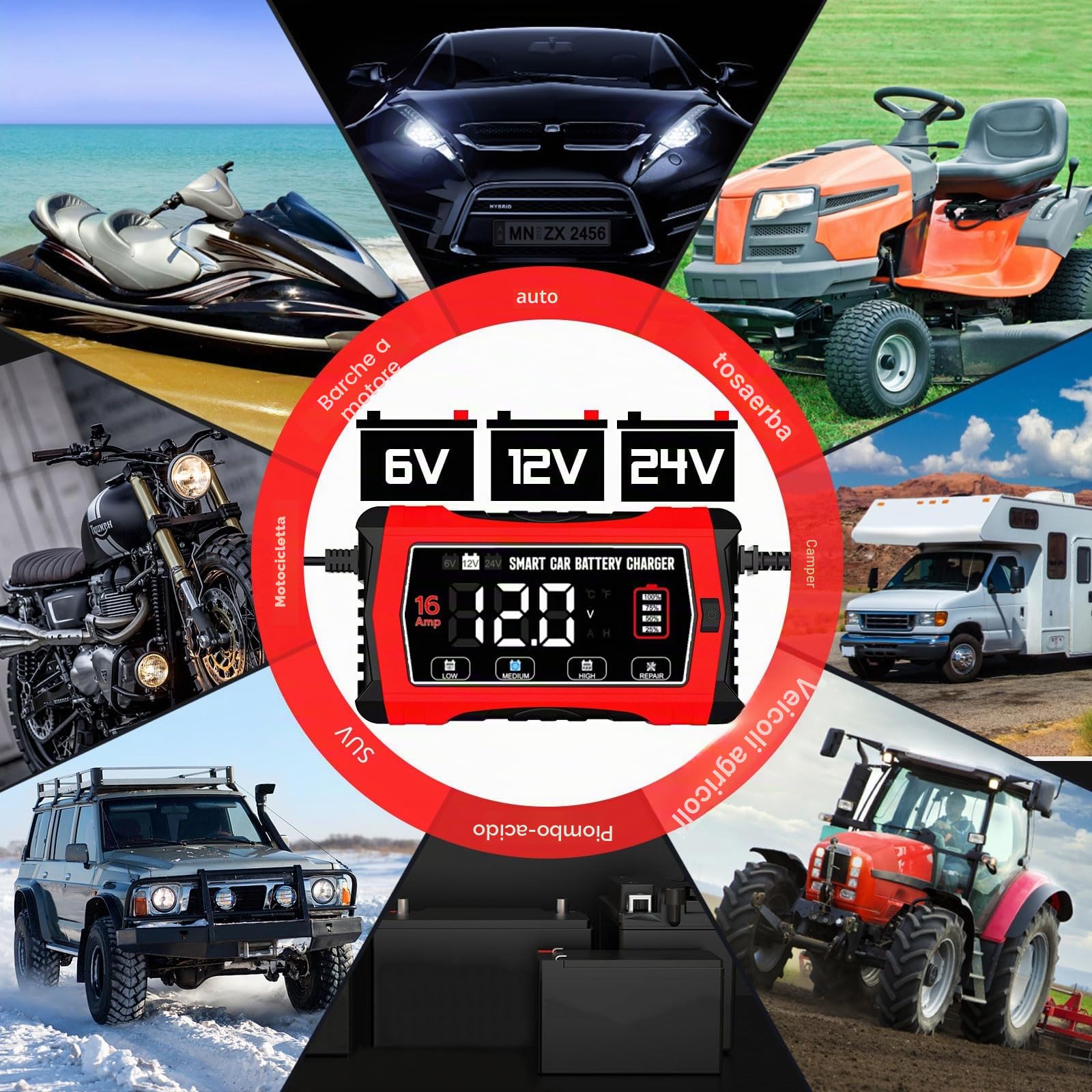 LiFePO4 - Caricabatteria da auto da 16 A, 6 V/12 V/24 V, con display LCD, compensazione della temperatura, modalità di riparazione per batterie auto, auto, barche