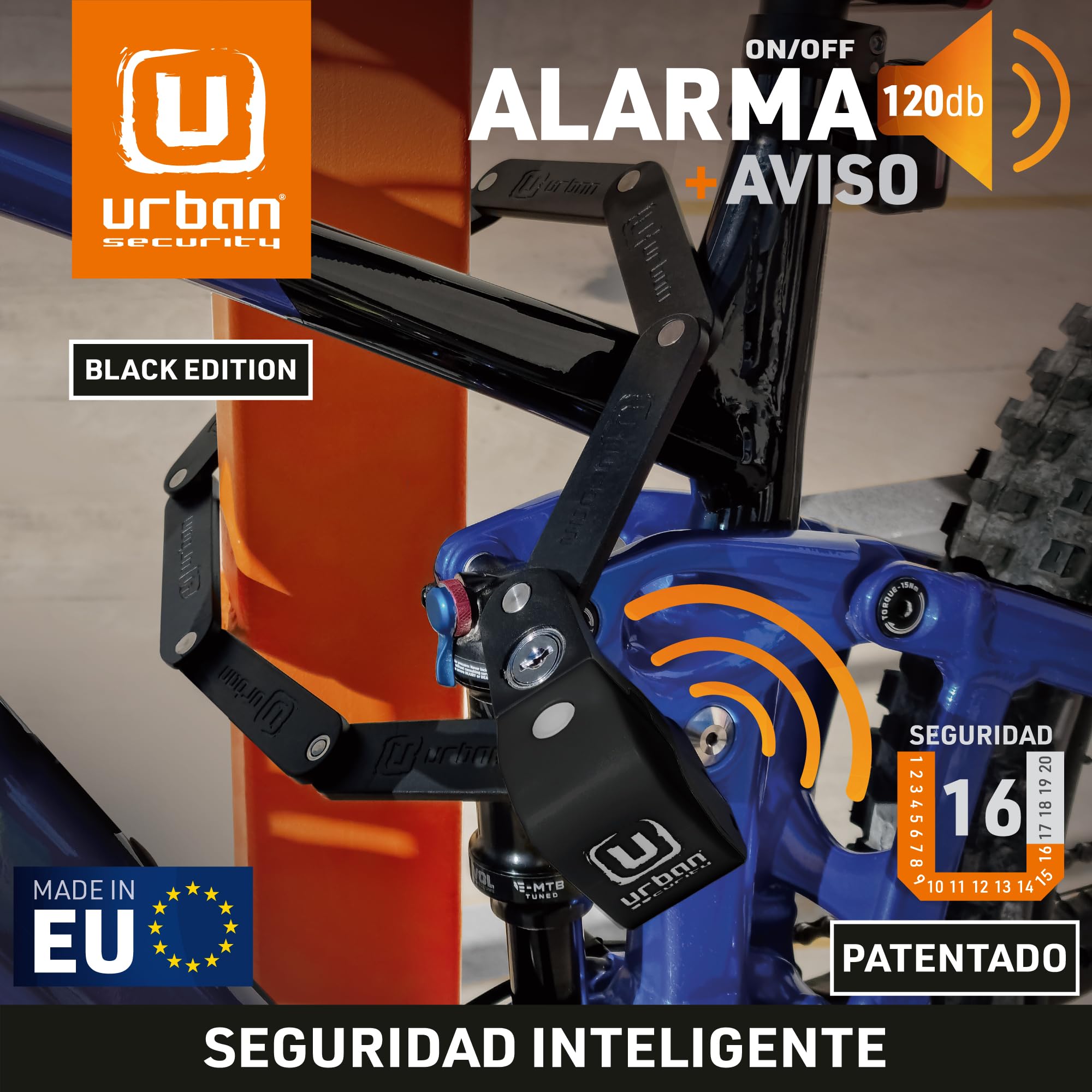 URBAN UR476B Innovador Candado Bicicleta Sin y Con Alarma 120dB Hi-Tech, Candado Bicicleta Plegable 2en1 Seguro, Soporte Más Funcional y Llevar Sin Ruidos, Antirrobo Bici Patinete Eléctrico 90cm
