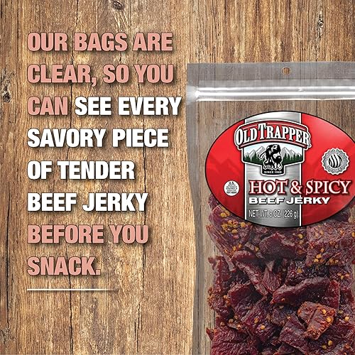 Miniatura 5 de Cecina de res Old Trapper, caliente y picante 8 onzas, paquete individual, bocadillos de carne tierna y picante para almuerzos o entre comidas, 11