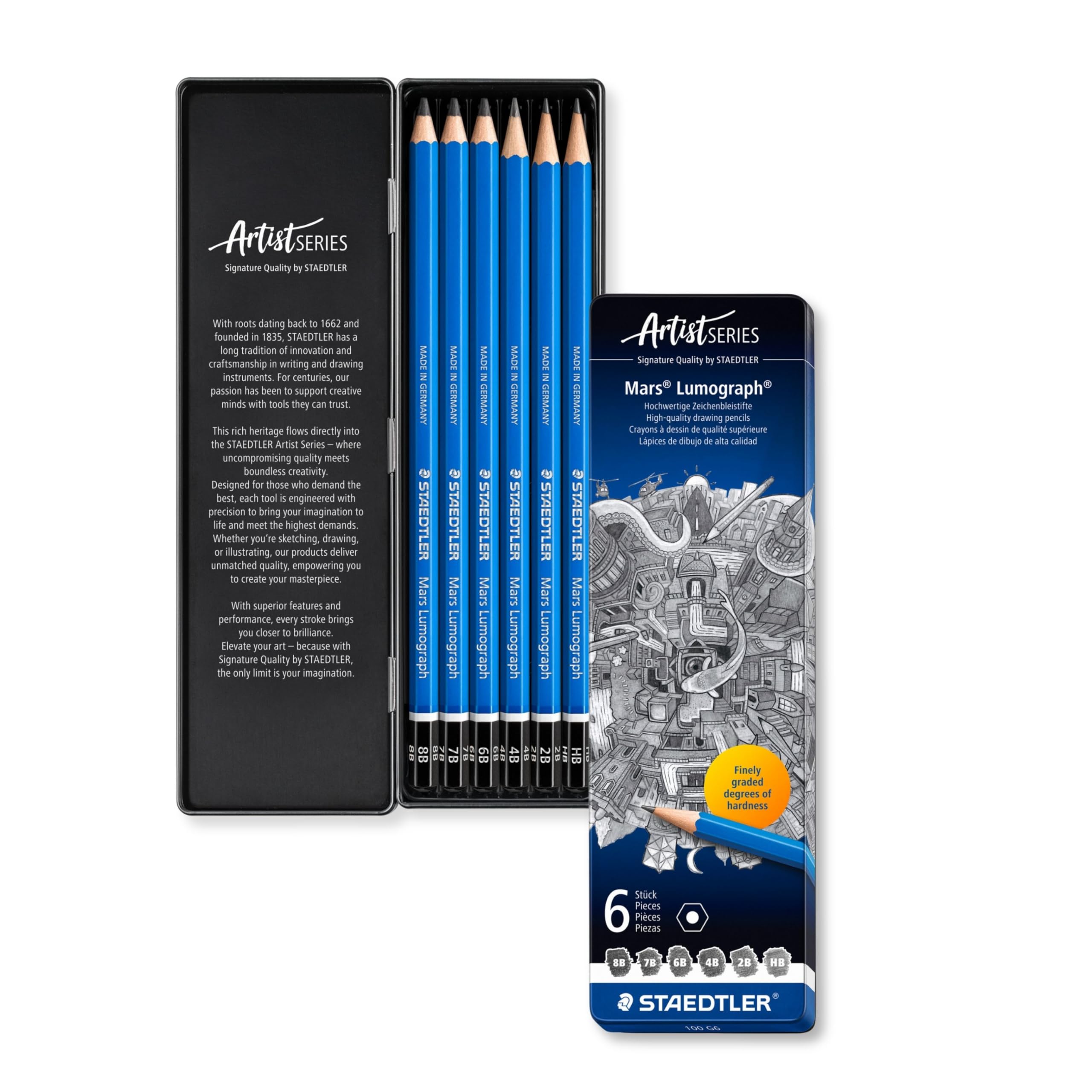 STAEDTLER100 G6 Mars Lumograph Graphite Pencils for Drawing and Sketching - Assorted Degrees, 8B-HB (Tin of 6), Silver/Blue