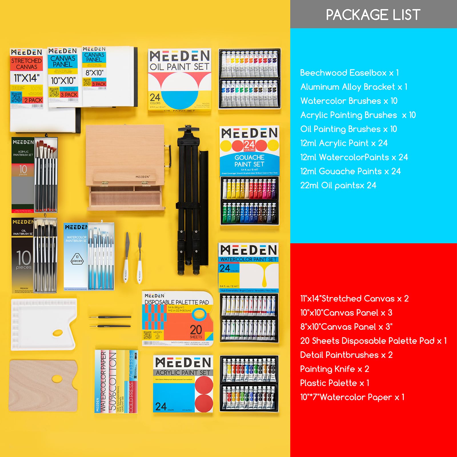 MEEDEN Kit da pittura da 142 pezzi con cavalletto da tavolo in alluminio e legno di faggio | Forniture artistiche all-in-one con olio acrilico acquerello pittura a guazzo set per adulti artisti principianti