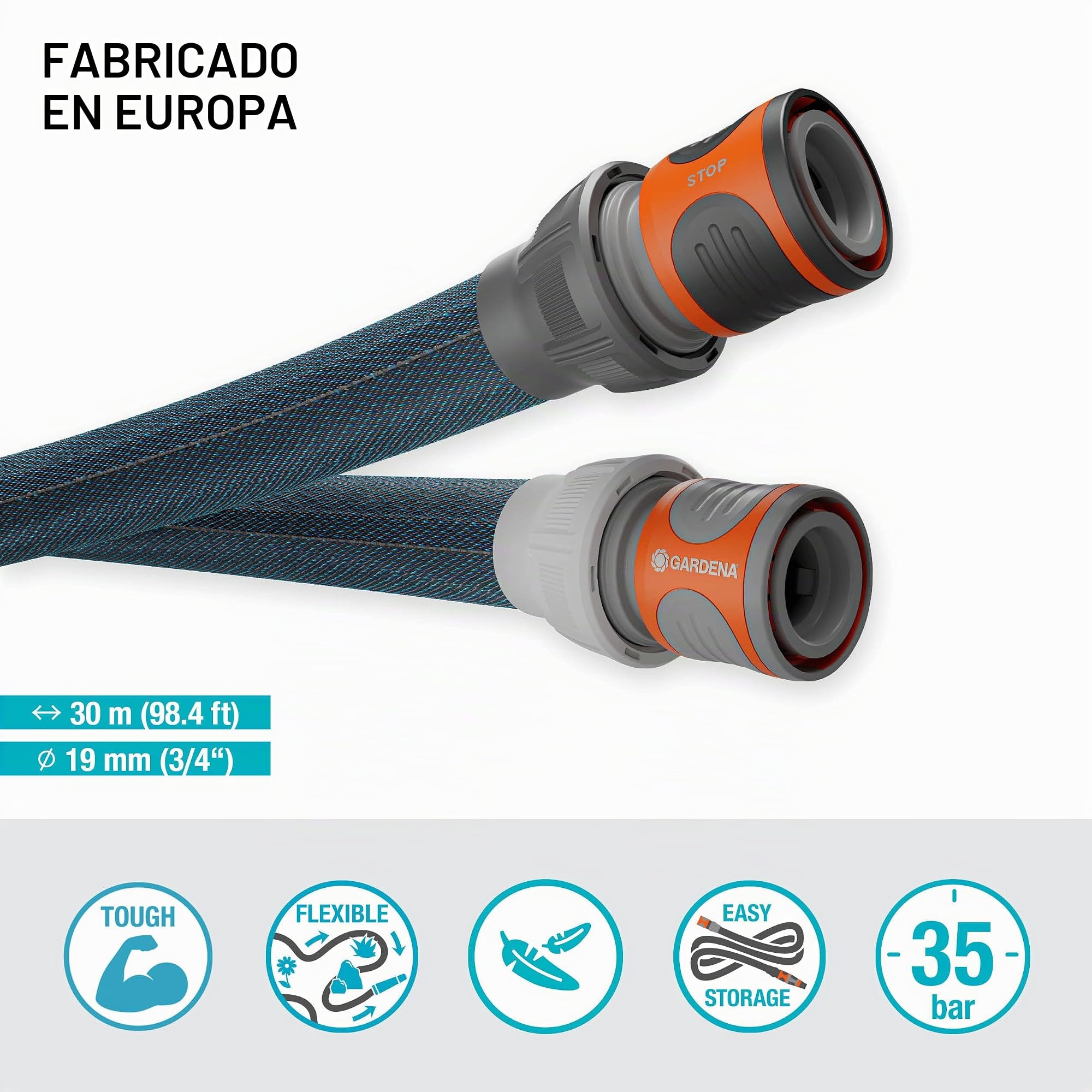 Gardena Manguera textil Liano Xtreme 30 m, 19 mm (3/4 pulgadas) | Ultra resistente, Uso con robustez y flexibilidad, Almacenamiento sencillo y compacto