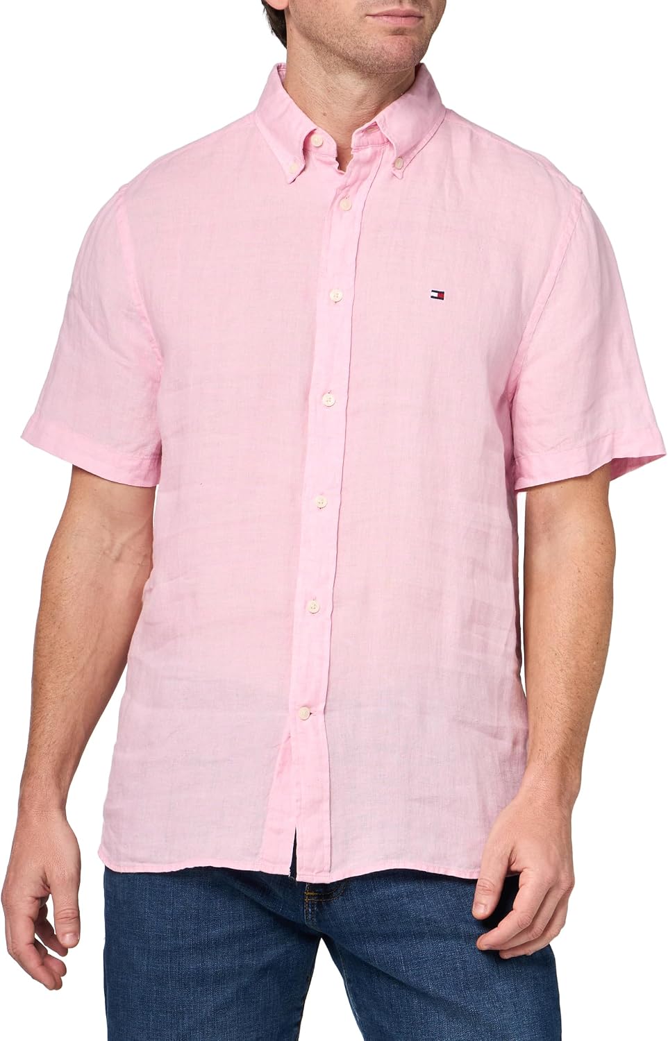 Tommy Hilfiger Men's Pigment Dyed Linen Regular Short Sleeve Shirts, Classic Pink Medium