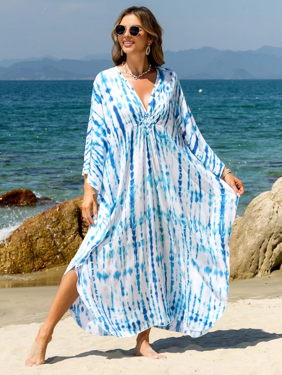 Kaftan Dresses for Women Plus Size V-Neck Moo Moos Batwing Kaftan Beach Dress Bathing Suit Cover-Up Loungewear - Image 2