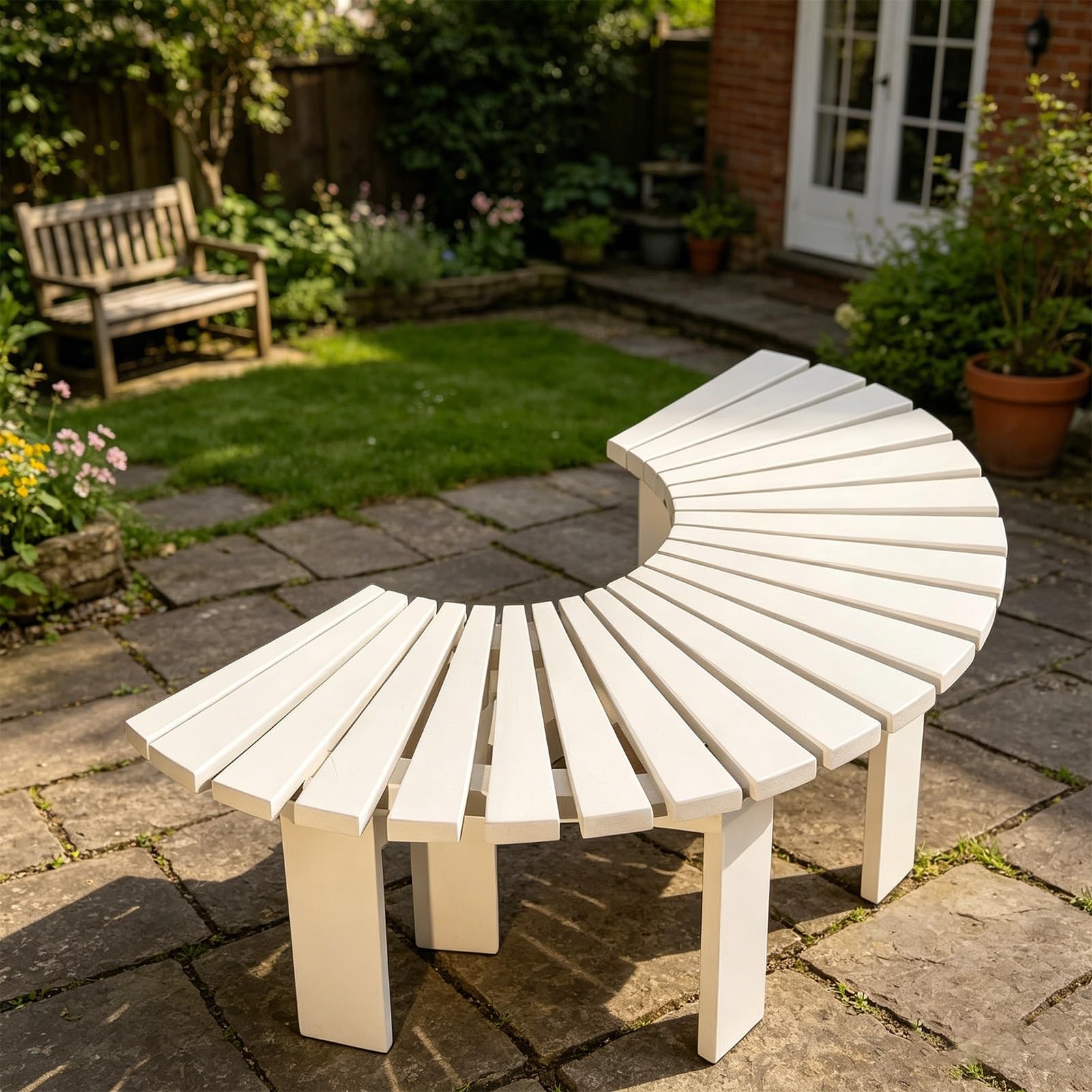 Owijana ławka ogrodowa bez pleców Dekoracyjna okrągła ławka Ławka w kształcie wachlarza z litego drewna Odporny na warunki atmosferyczne stołek wypoczynkowy(Half Round)