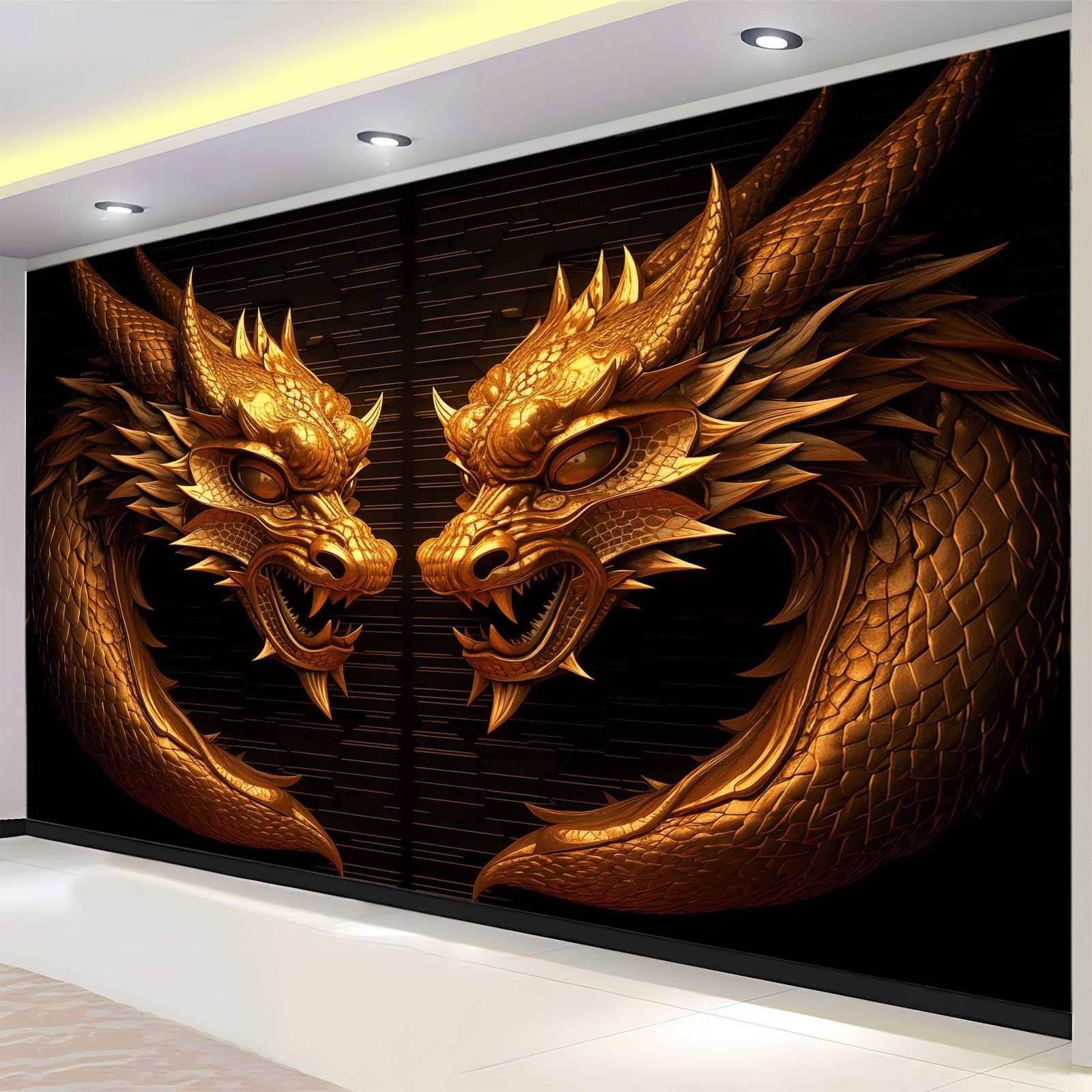 Ciemny styl fantazyjny podwójny złoty smok tapety z włókniny 250 x 175 cm dekoracyjne fototapety ścienne 3D efekt dekoracyjny salon tapeta kuchnia