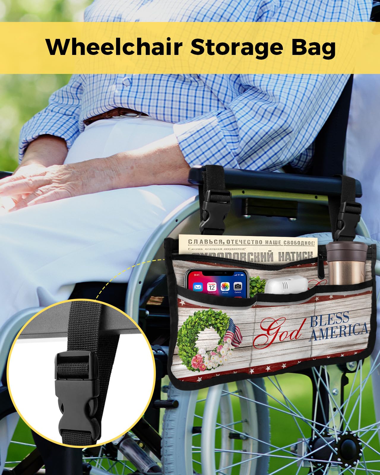 4th of July Wreath Wheelchair Side Bag Walker Bag, Floral American Flag on Wood Rustic Wheelchair Accessories Armrest Pouch, Organizer Storage Bag for Walkers, Rollators, Scooters, 7.3''x13''