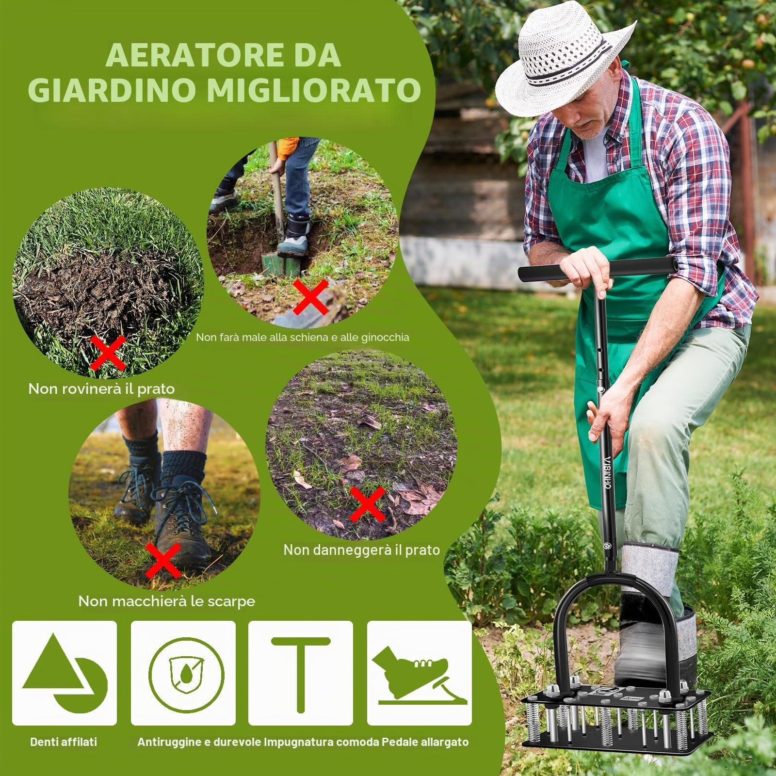 Arieggiatore per Prato, 15 Punte in Ferro Arieggiatore Prato, Pulizia Automatica di Foglie e Sporcizia Aeratore Prato, Carotatrice Prato Regolabili in Altezza per Prato, Cortile e Giardino