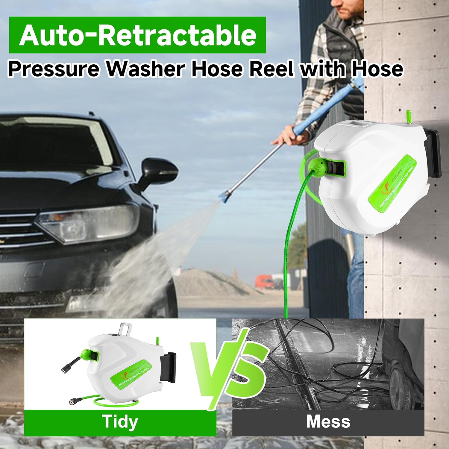 Pressure Washer Hose Reel with Hose 1/4" × 60ft, Pressure Washer Hose Reel with Hose 1/4" × 65ft