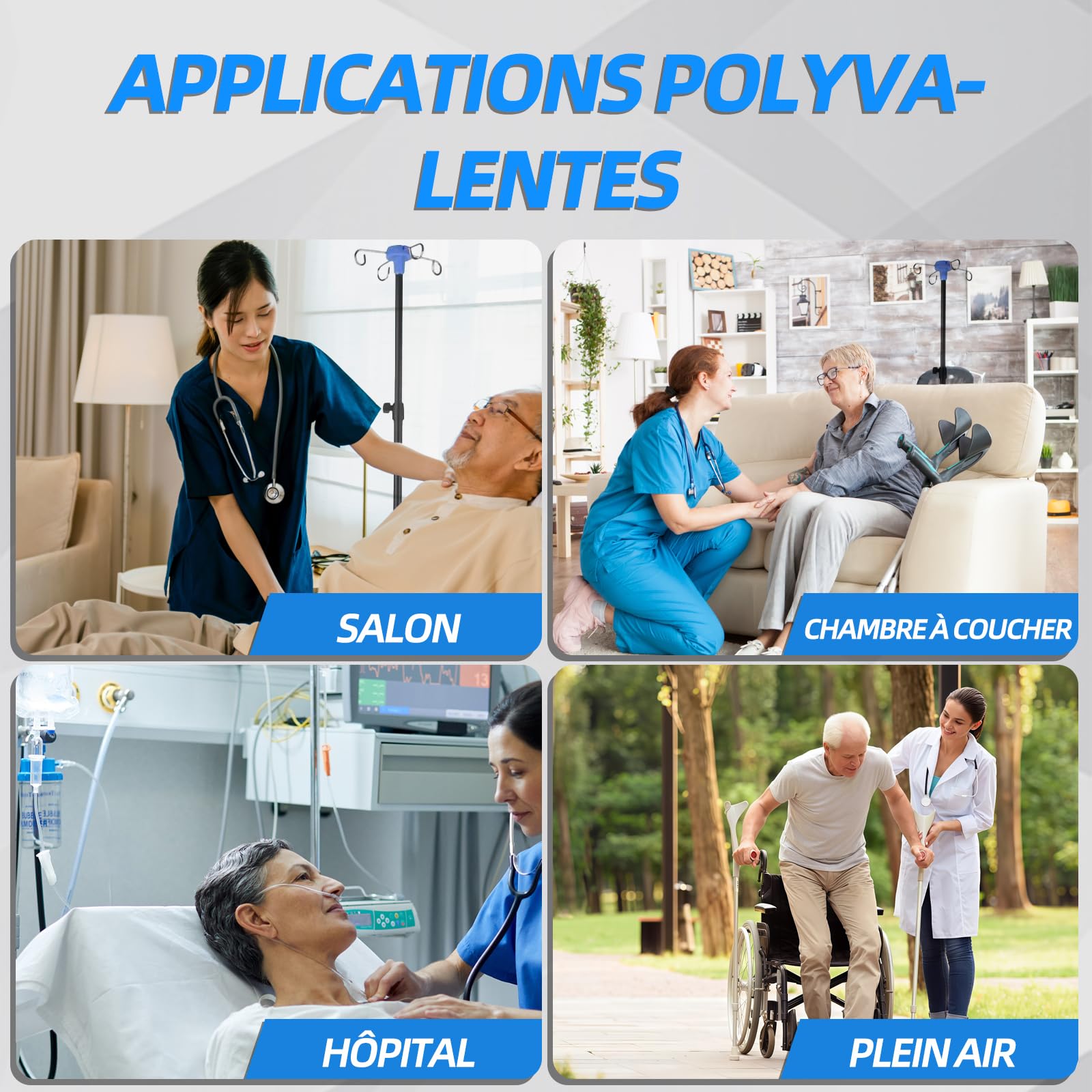 Support d'infusion mobile avec roulettes 4 crochets pour hôpital et à domicile en acier inoxydable réglable en hauteur