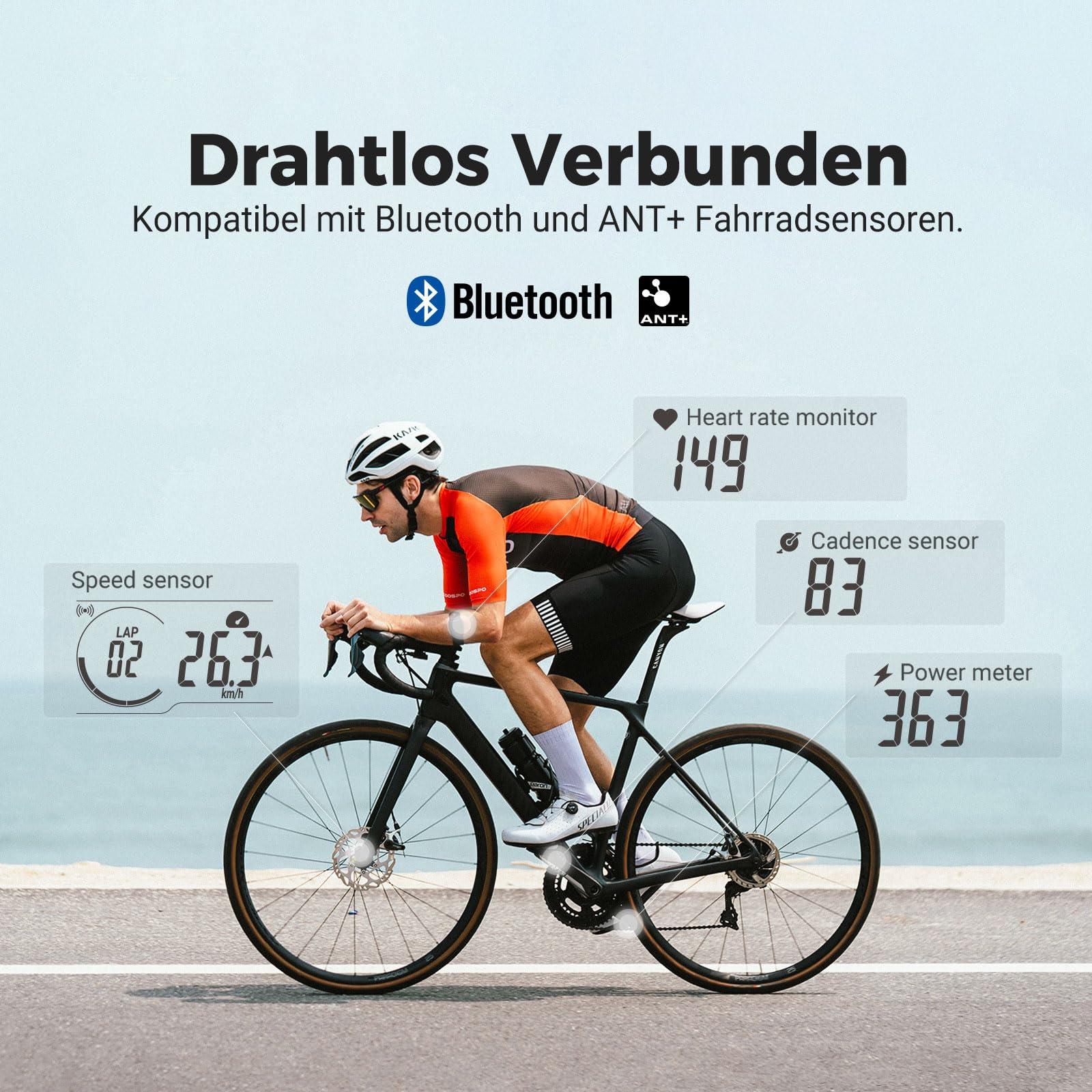 COOPSO CS300 Fahrradcomputer Kabellos, Fahrrad GPS Tacho mit 2,6-Zoll LCD, Bluetooth/ANT+ Ahrrad Computers mit Hintergrundbeleuchtung, Wasserdicht IPX7 Fahrradtacho und Kilometerzähler mit Strava
