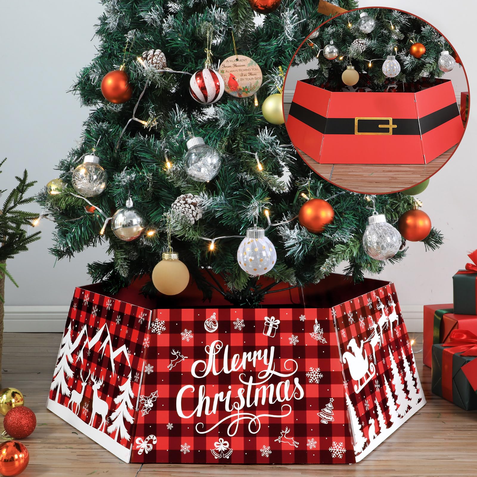 Christmas Tree Collar Red and Black Buffalo Plaid Xmas Tree Ring Double Sided Hexagon Splicable Artificial Christmas Tree Skirt Base Cover with 6 Patterns for Christmas Party Holiday Home Decorations