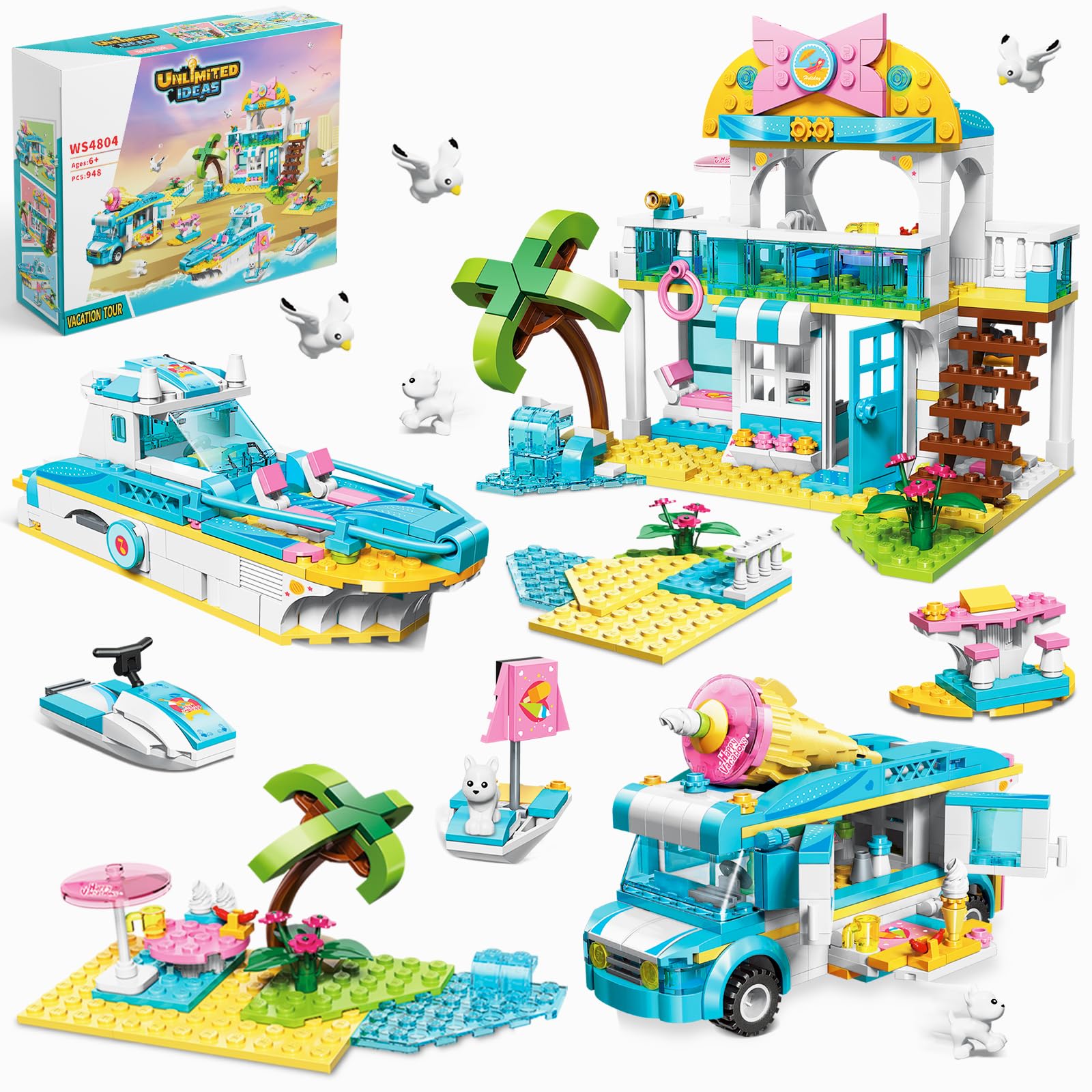 Beach House Building Block Set - 3 IN 1 Friends Vacation Tour Toy Kit Includes Beachside Villa, Ice Cream Truck, Yacht - Ideal Roleplay and Imaginative Gift for Kids, Girls Aged 6+ (948 Pieces)