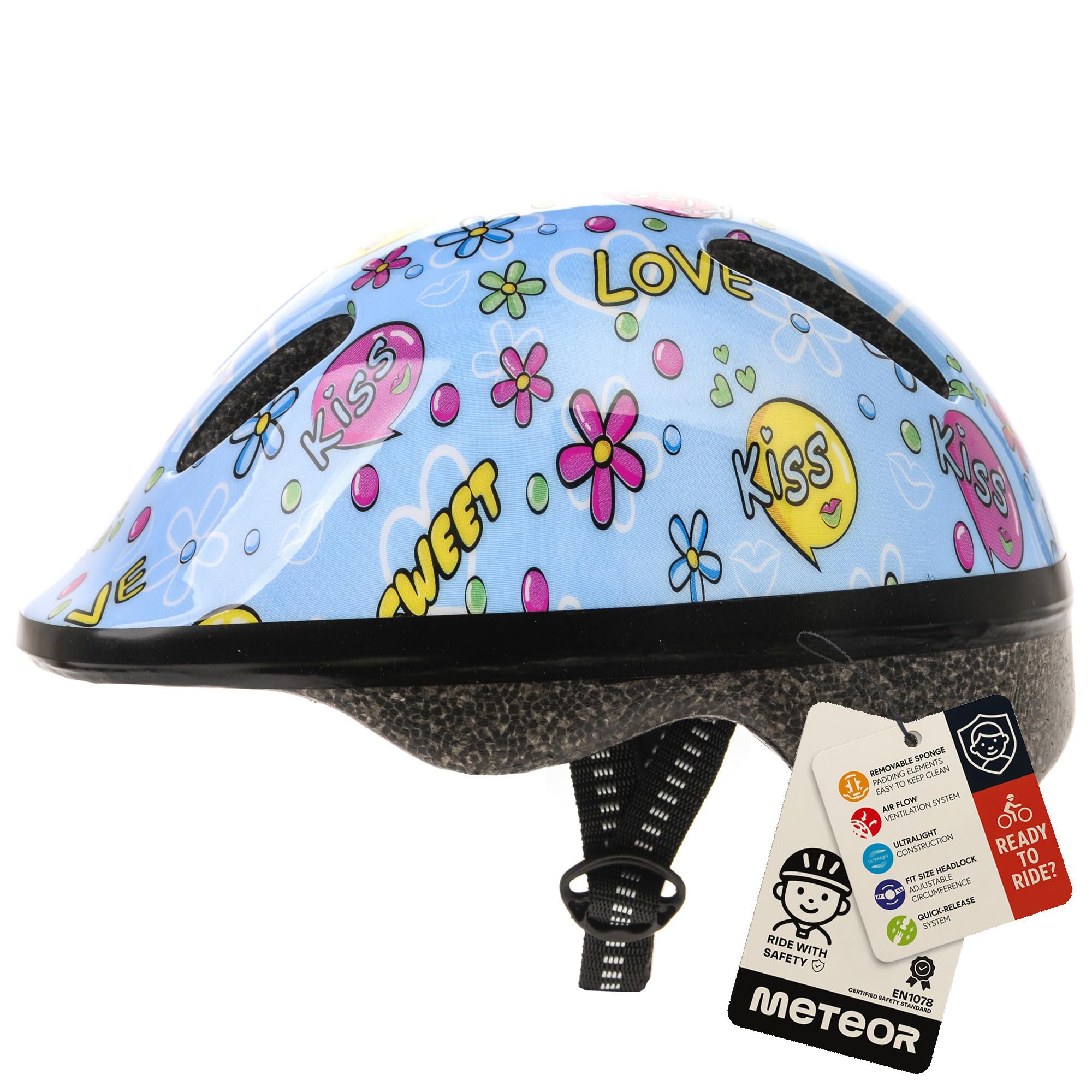 Meteor Kids Bike Helmet Kiss S 48-52 cm, Toddler & Child Cycling Helmet, Lightweight Adjustable Scooter & Skate Helmet with Airflow Vents, Washable Padding, Safety Head Protection