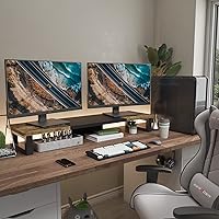Vista 5 de WESTREE - Soporte elevador para monitor doble, soporte de escritorio multiusos de madera y acero para 2 monitores para computadora, laptop, Marrón