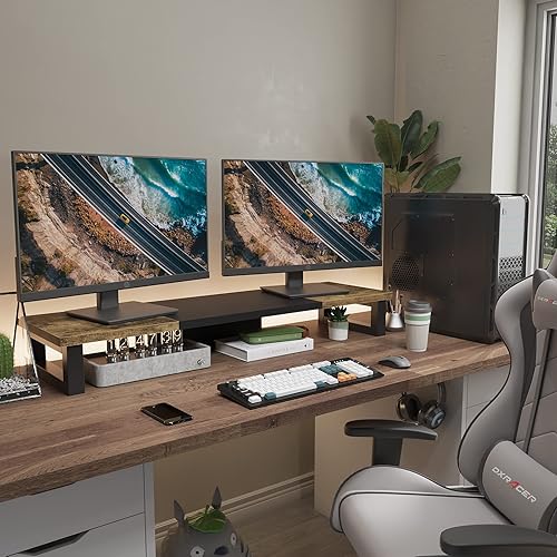 Miniatura 5 de WESTREE - Soporte elevador para monitor doble, soporte de escritorio multiusos de madera y acero para 2 monitores para computadora, laptop, Marrón