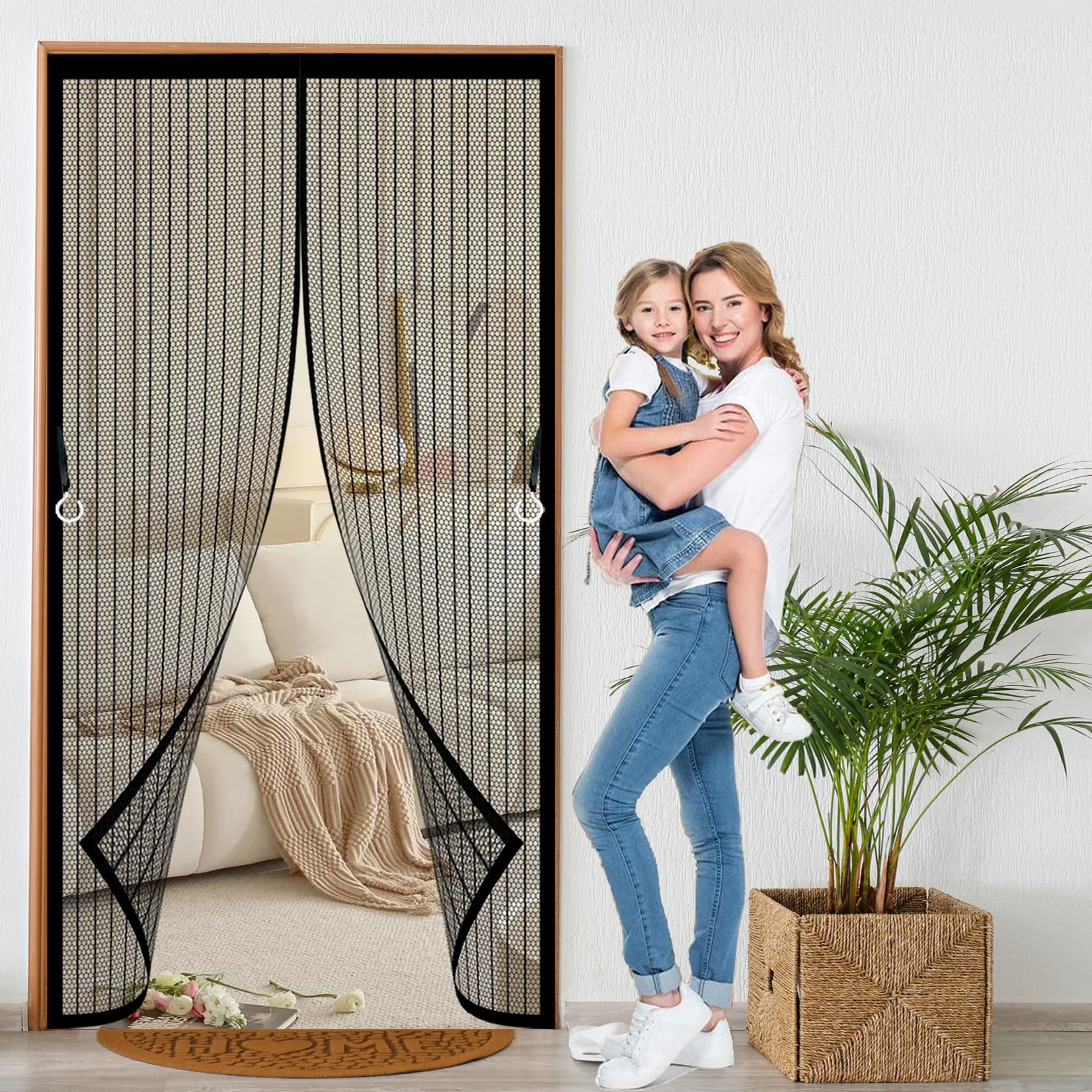 Fliegengitter Tür 170 x 262 cm Stärkere Magneten, Wetterfest, Langlebig Fliegenvorhang Magnetisch Türe mit Selbstklebendes Klettband für Kellertür Und Terrassentür, Schwarz