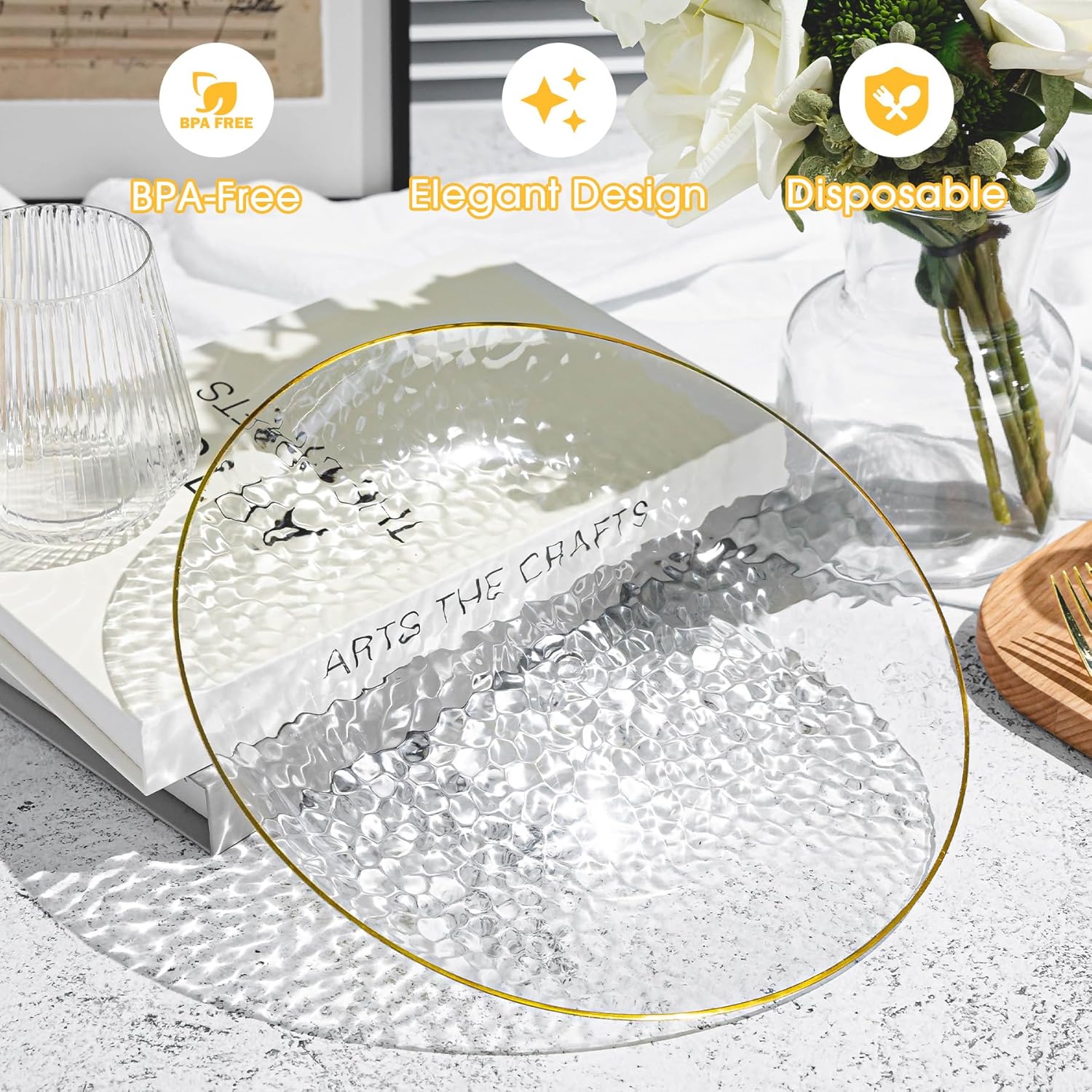 100PCS Clear and Gold Plastic Plates, 10 Inch Disposable Dinner Plates with Gold Rim, Heavy Duty Stone Texture Plastic Plates for Party and Weddings - Image 4