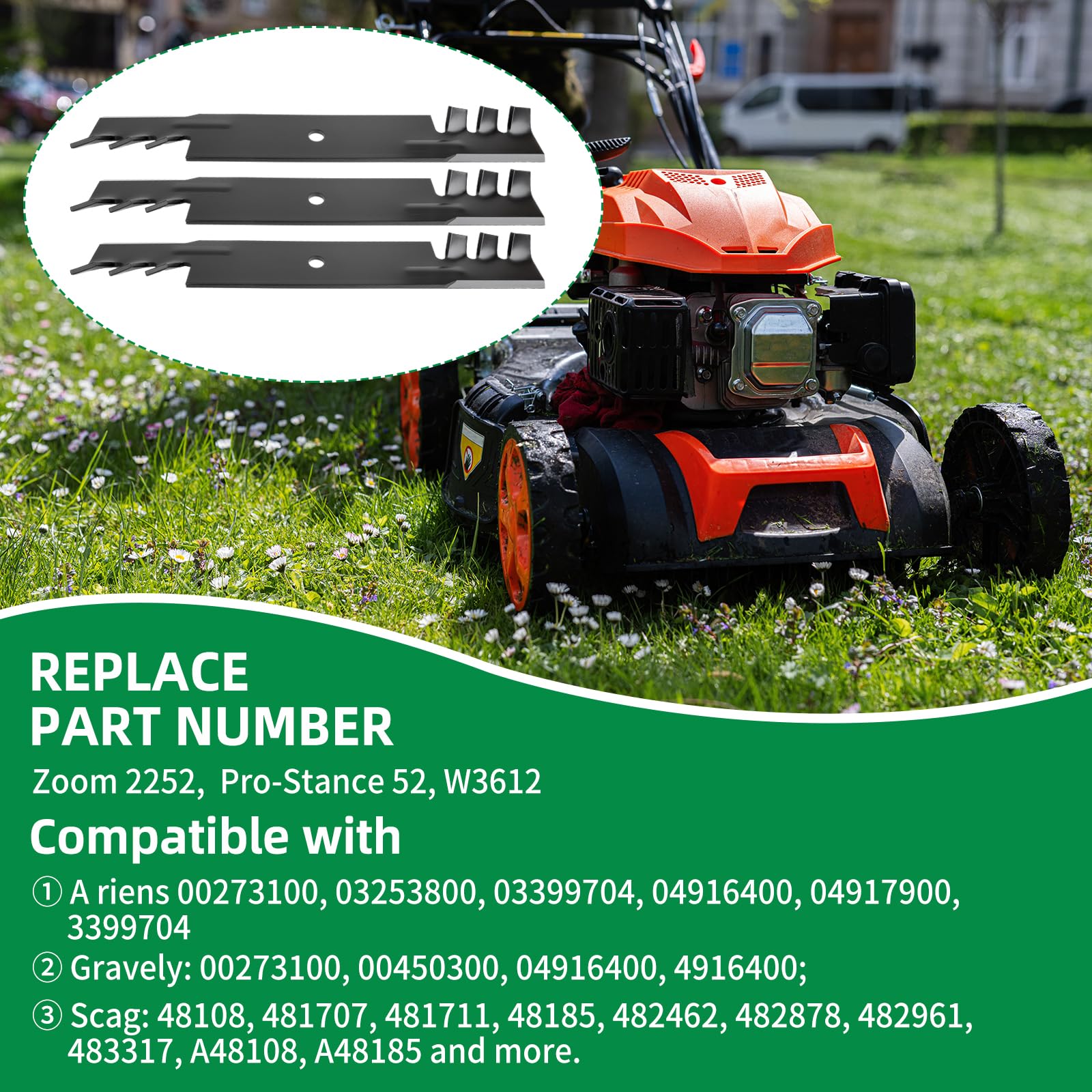 Cuchillas de cortacésped 482878 para cortacésped de cubierta de 36 y 52 pulgadas, cuchillas de mantillo 481711 compatibles con A riens Zoom 2252, Gravely Promaster 152Z, reemplaza Scag 481707