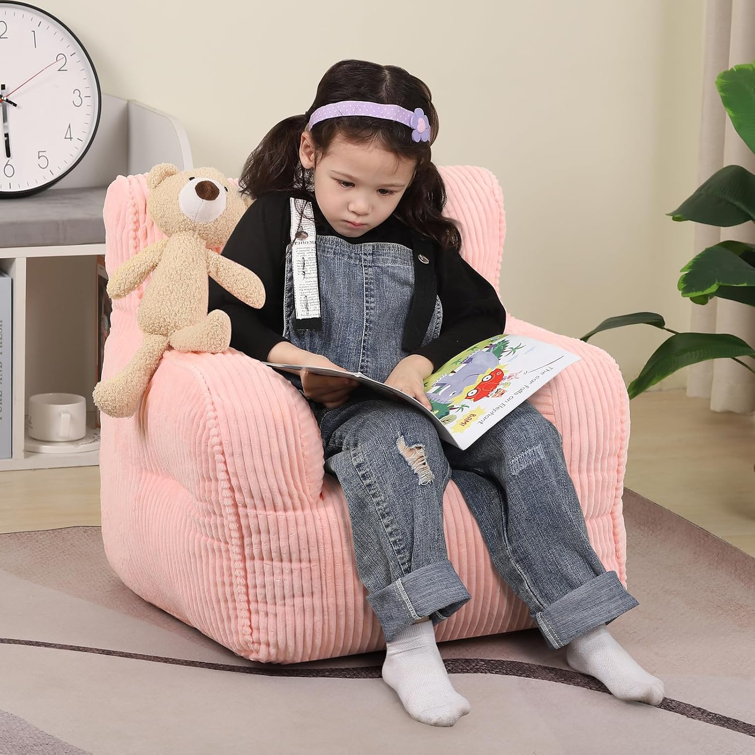 Kids Bean Bag Chair with a Plush Bear, Comfy Toddler Chair for Boys and Girls, Pink