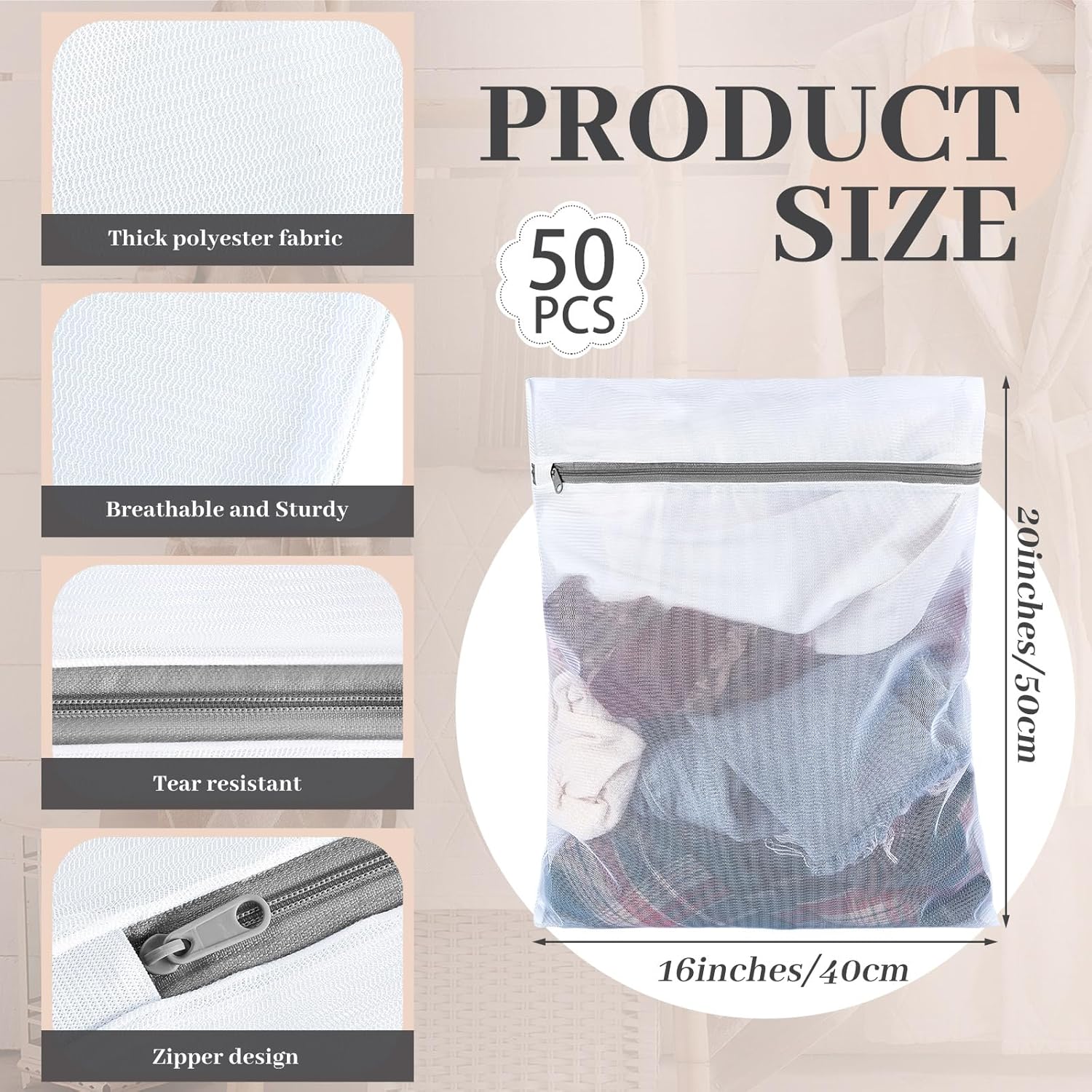 Nuenen 50 Pcs Mesh Laundry Wash Bags with Zipper Machine Washable Lingerie Bags for Washing Delicates Clothes Garment Underwear Blouse Hosiery Socks Travel (16 x 20 Inches,Gray)