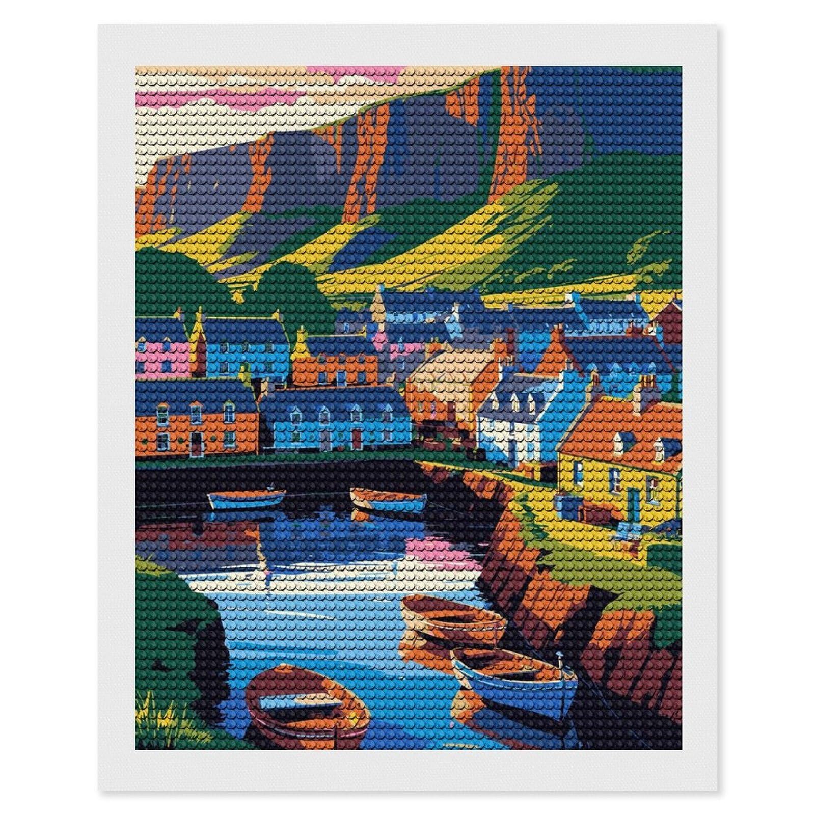 Junmoney Colorful Coastal Village with Boats DIY Diamond Art Canvas Kit 16"x20", Simple to Start, Fun Craft Experience, Modern Decor, Gift Idea, Adhesive Canvas