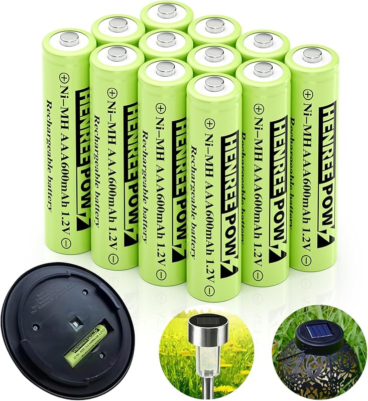 Henreepow Ni-MH Solar AAA Rechargeable Batteries, 600mAh 12 Pack | 1000 Cycles, 1.2v Pre-Charged, Low Self-Discharge, Triple A Battery for Outdoor Solar String Step Pathway Light, Toys