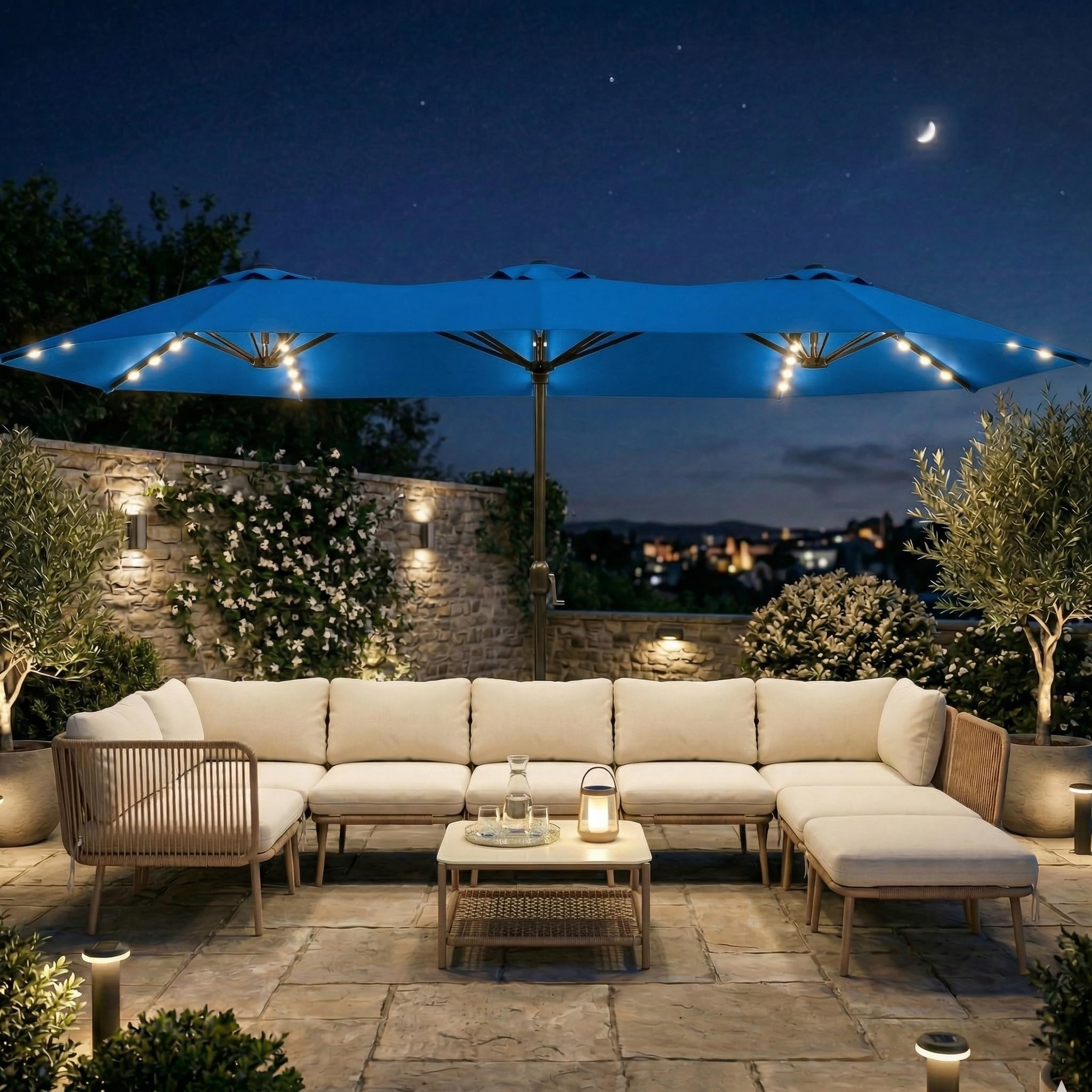 Photo 1 of Patio Kingdom 15FT Large Outdoor Patio Umbrella with Solar Lights and Base, Double-Sided Table Umbrellas with 48 LED Lights, Rectangle Market Umbrella for Pool, Deck, Backyard, Royal Blue