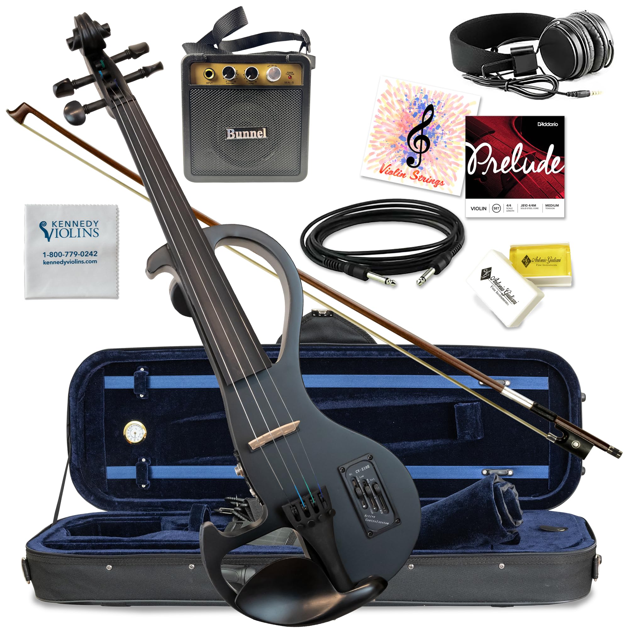 Electric Violin Bunnel Edge Outfit 4/4 Full Size (Clear) (BLACK) — With Carrying Case and Accessories - Mini Amp - Headphone Jack - Piezo Ceramic Pick-Up - from Kennedy Violins