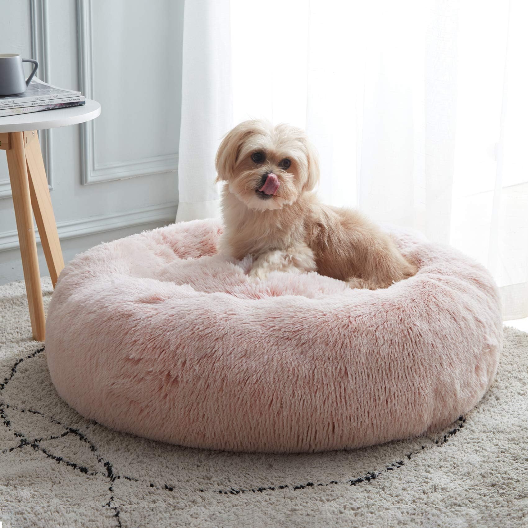 Western Home Donut Pet Bed Calming Dog Bed Washable Fluffy Plush Puppy Cat Bed with Anti-Slip Bottom