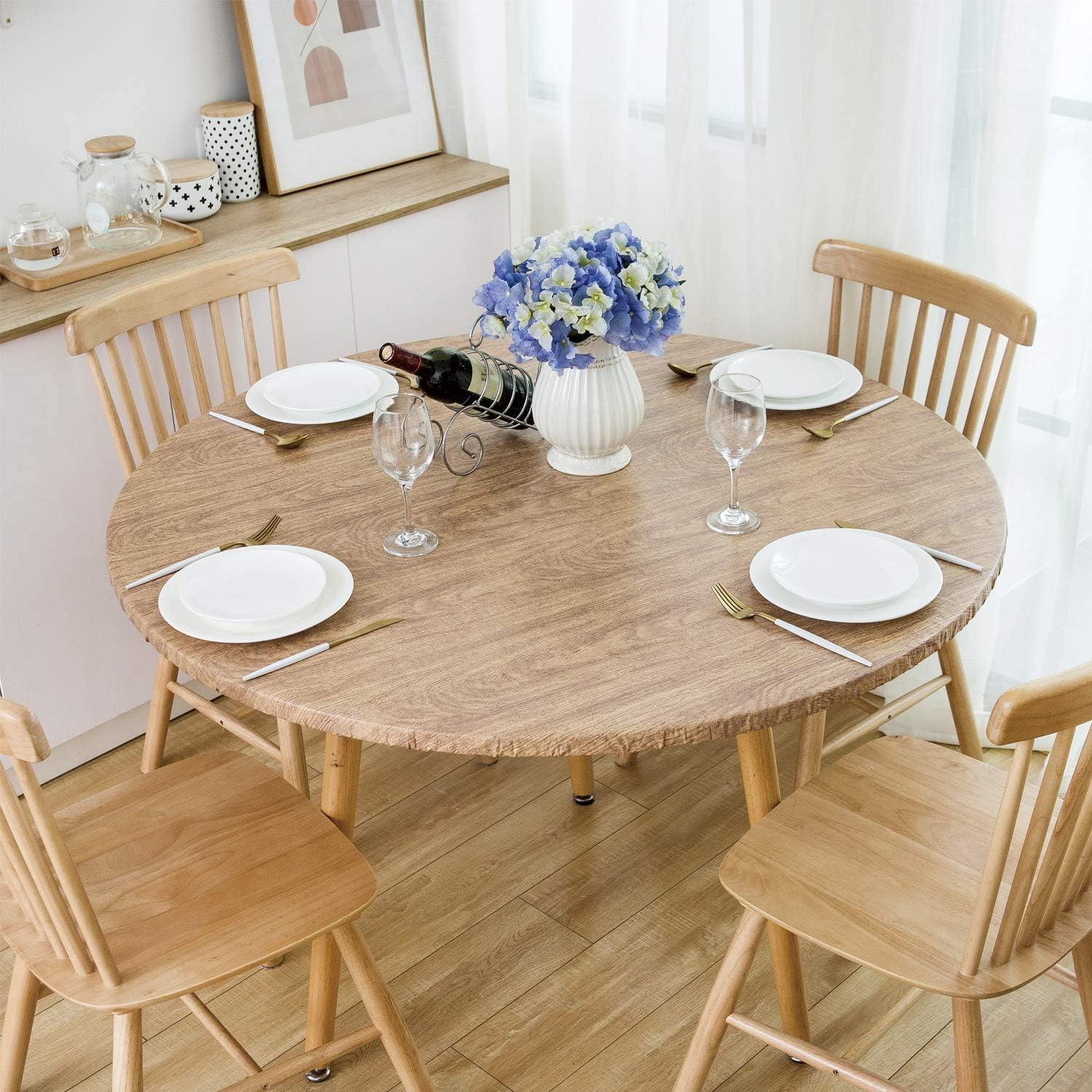 GRISHA Waterproof Round Tablecloth,Elastic Edged Fitted,Oilcloth,PVC,Wipeable,Outdoor circular plastic cover. (Wood design, 95x112cm)