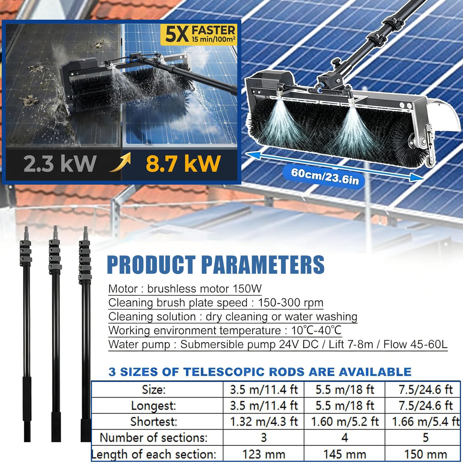 Palo Limpiacristales con Agua y Electricidad – Cepillo 60cm Giratorio 350rpm, 10m, asta telescópica Aluminio, Protector Agua – Limpia Placas solares, Autocaravana, tejado 3.5m-Oneset