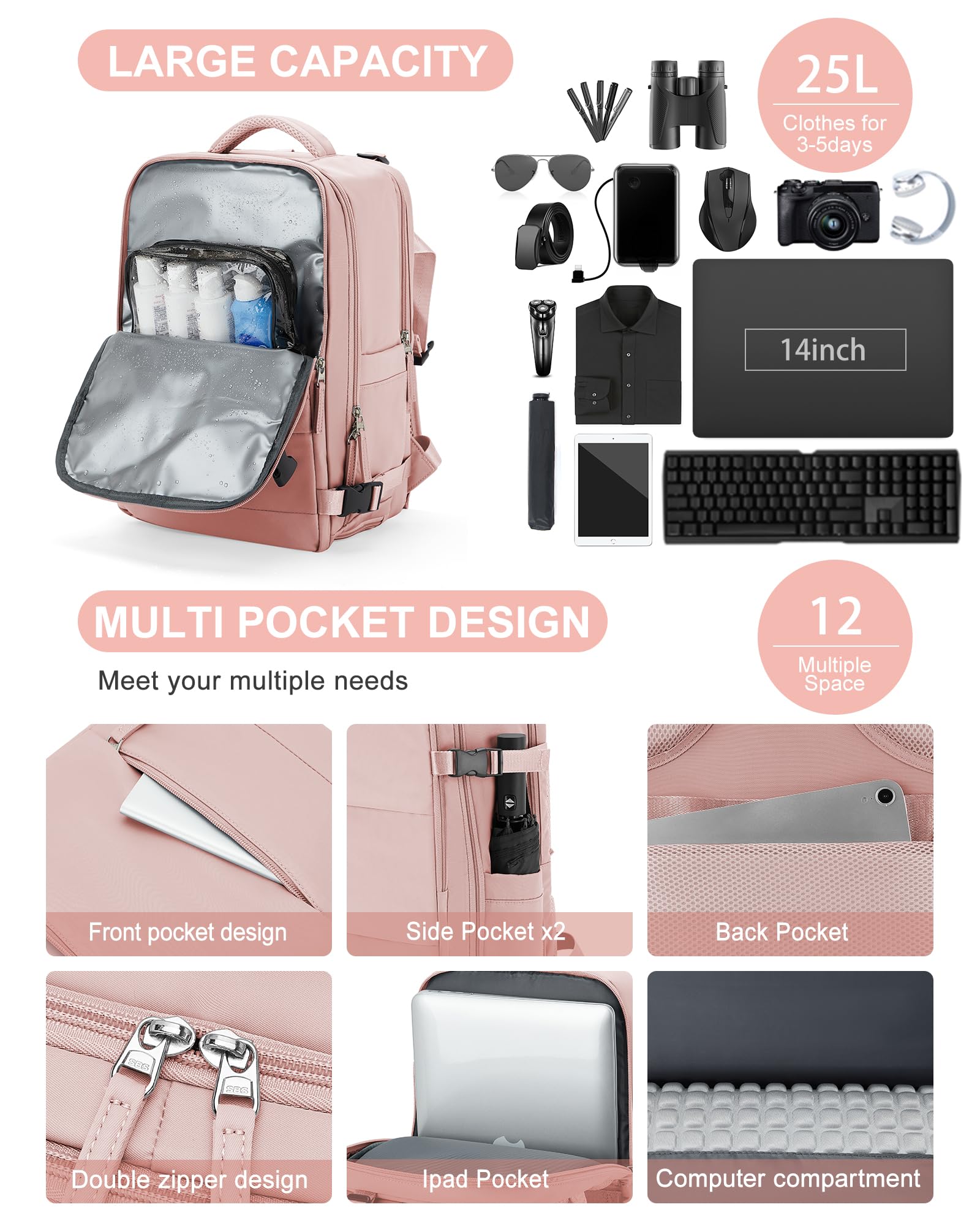 BJLFS Borse da Cabina per Ryanair 40x20x25 Bagaglio a Mano Zaino Borsa Zaino da Viaggio, Zaino da trekking,Zaino Easyjet 45x36x20,Zaino Casual per laptop da 14 pollici per scuola