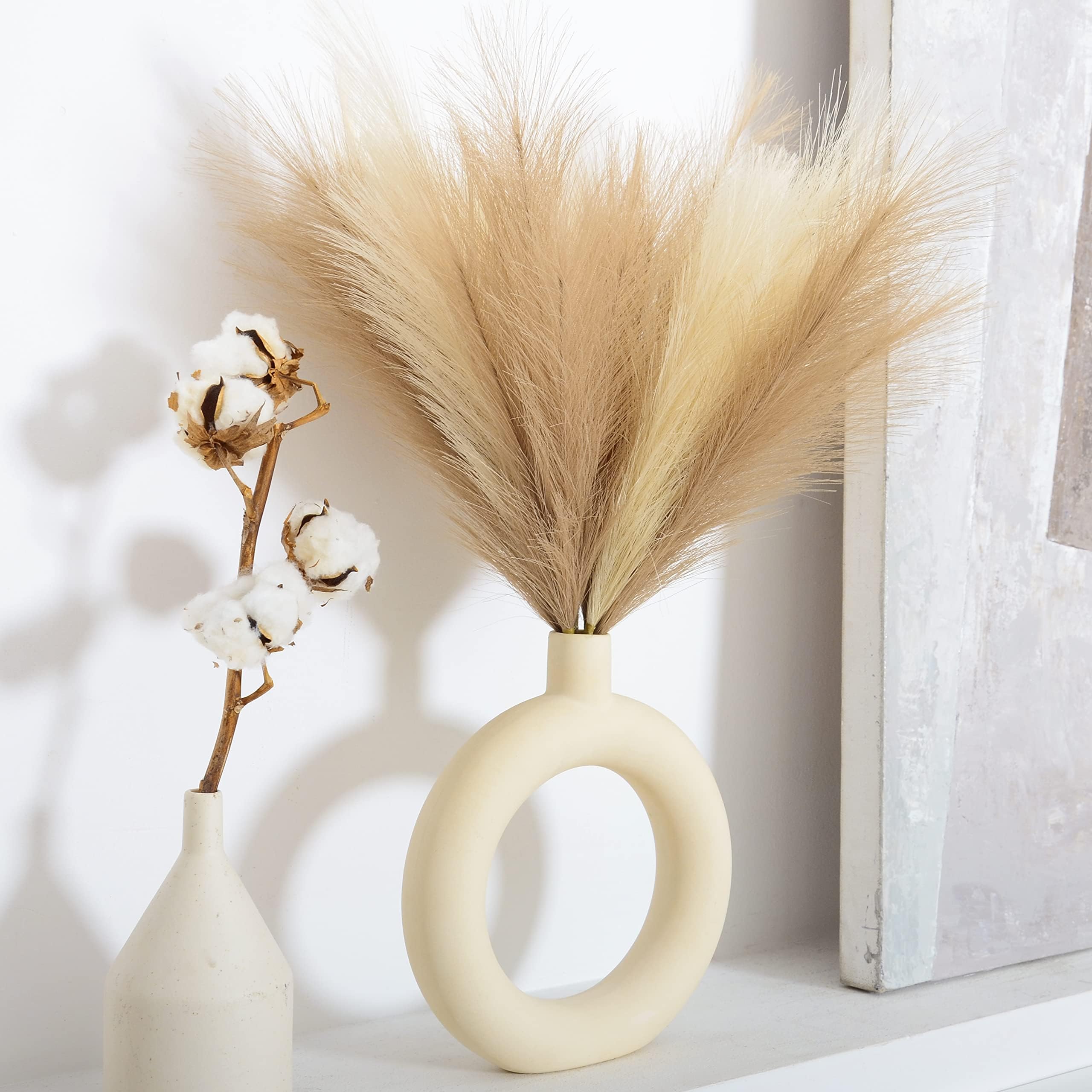 PERFNIQUE Faux Pampas Grass, Set of 6 Stems 17'' Short Artificial Fake Flowers, Small Vase Fillers, Rustic Trendy Cottagecore Minimalist Boho Farmhouse Room Decor, Vase Accent