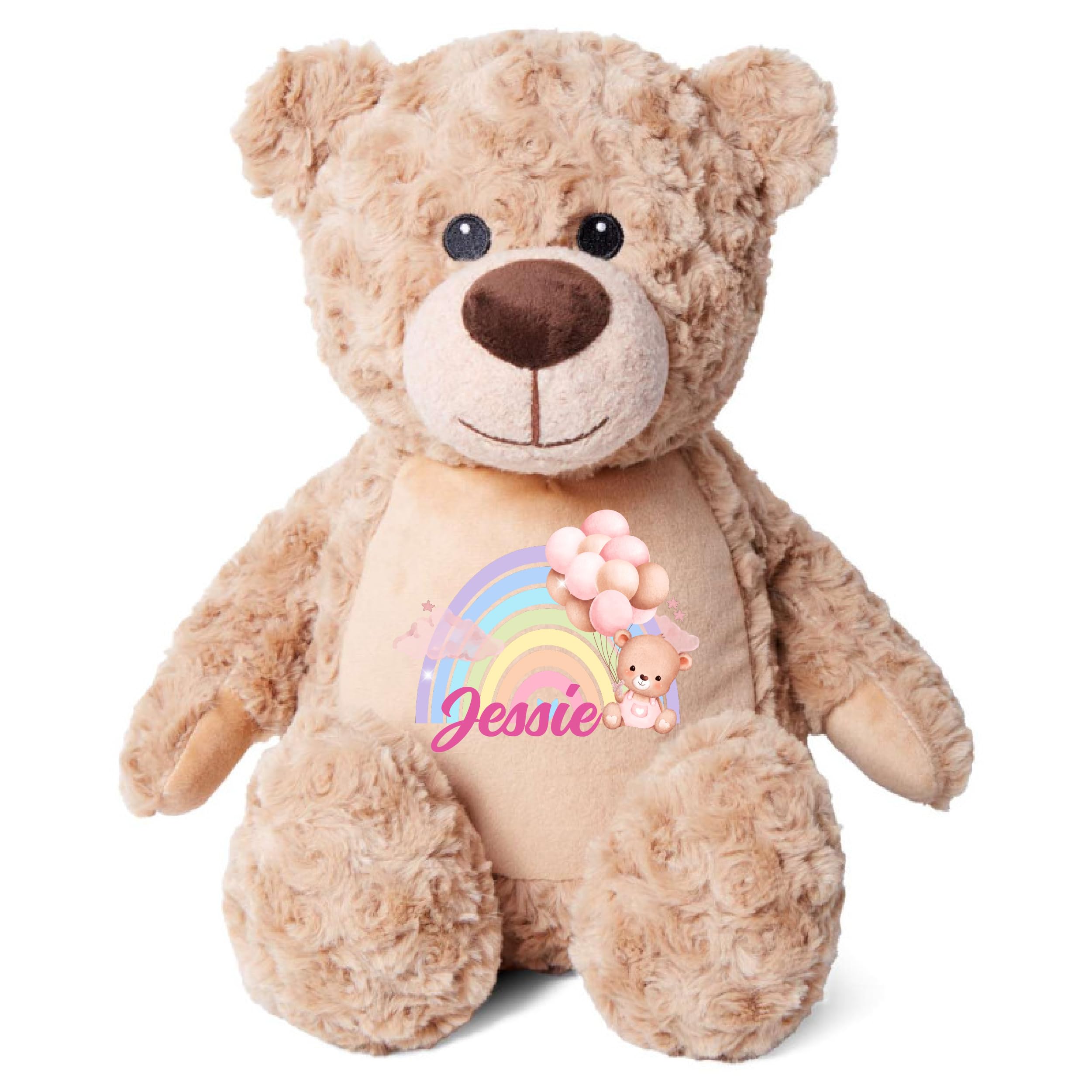 Crafted Memories - Personalised Teddy Bear 40cm Tall with Baby Rainbow Design, Cute Rainbow Teddy Bear with Personalised Name, Custom Soft Plush Toy Gift for Boys And Girls (Brown Bear, Pink)