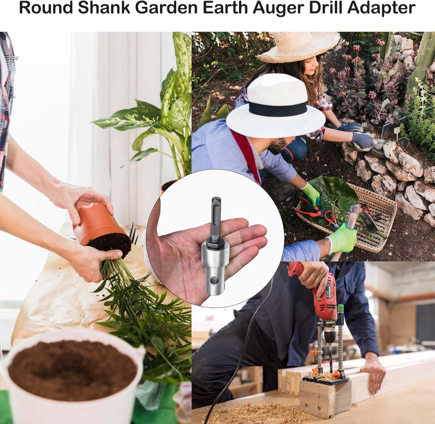 Round Shank Garden Earth Auger Drill Adapter,Electric Drill to Ground Drill Conversion Head,2 Slots and 2 Pits,for Cordless Drill, SDS Plus,SDS Rotary Hammer Drill,Concrete Drill（Square Handle）