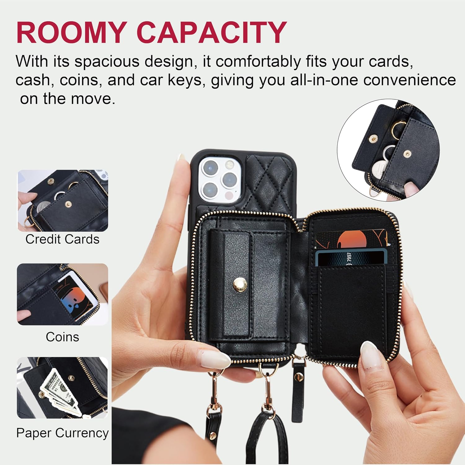 Crossbody Wallet Case for iPhone 16, Quilted PU Leather Zipper Phone Purse with Card Holder & Coin Pocket, Kickstand Flip Cover, Adjustable Shoulder Strap, 6.1 Inch (Black) image 2