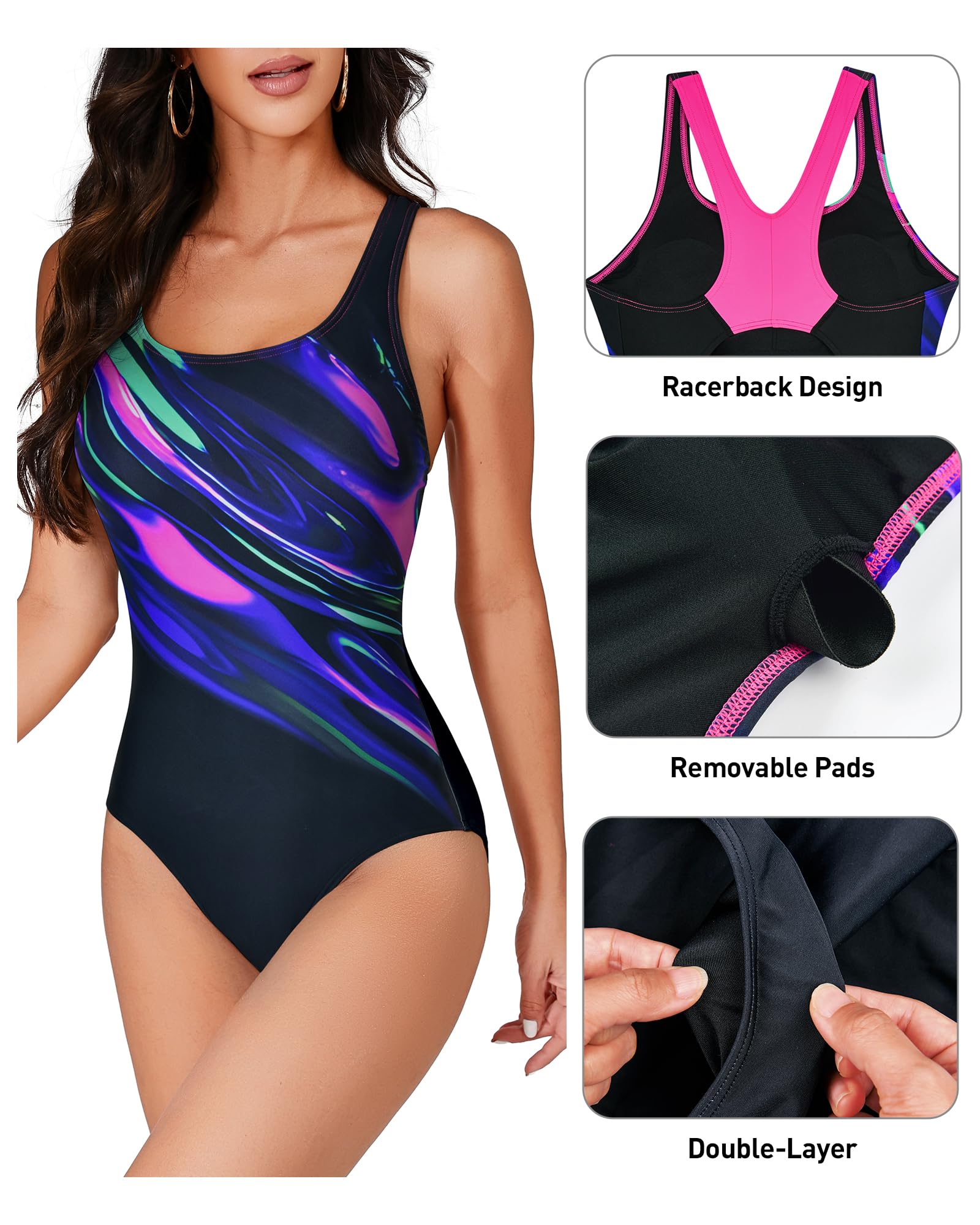 Veranobreeze Maillot de Bain Femme 1 Pieces Racerback | Sport Imprimé, Coussinets amovibles, Bretelles larges, Coupe confortable, Séchage rapide, UPF 50+, Résistant au chlore