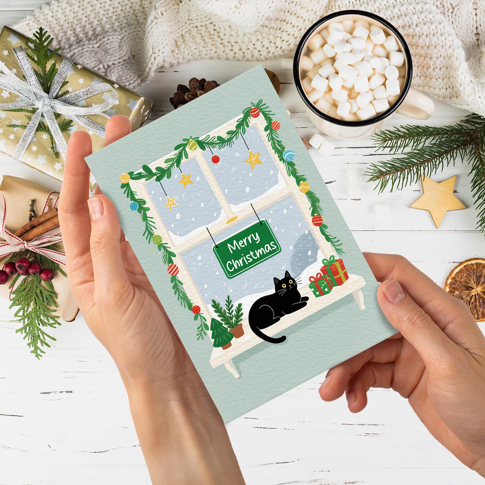 SuperShunhu Weihnachtskarten mit Katze, blanko, für Katzenliebhaber, festliches Urlaubsgrußkarten-Set mit Umschlägen und Aufklebern, 10,2 x 15,2 cm, 24 Stück
