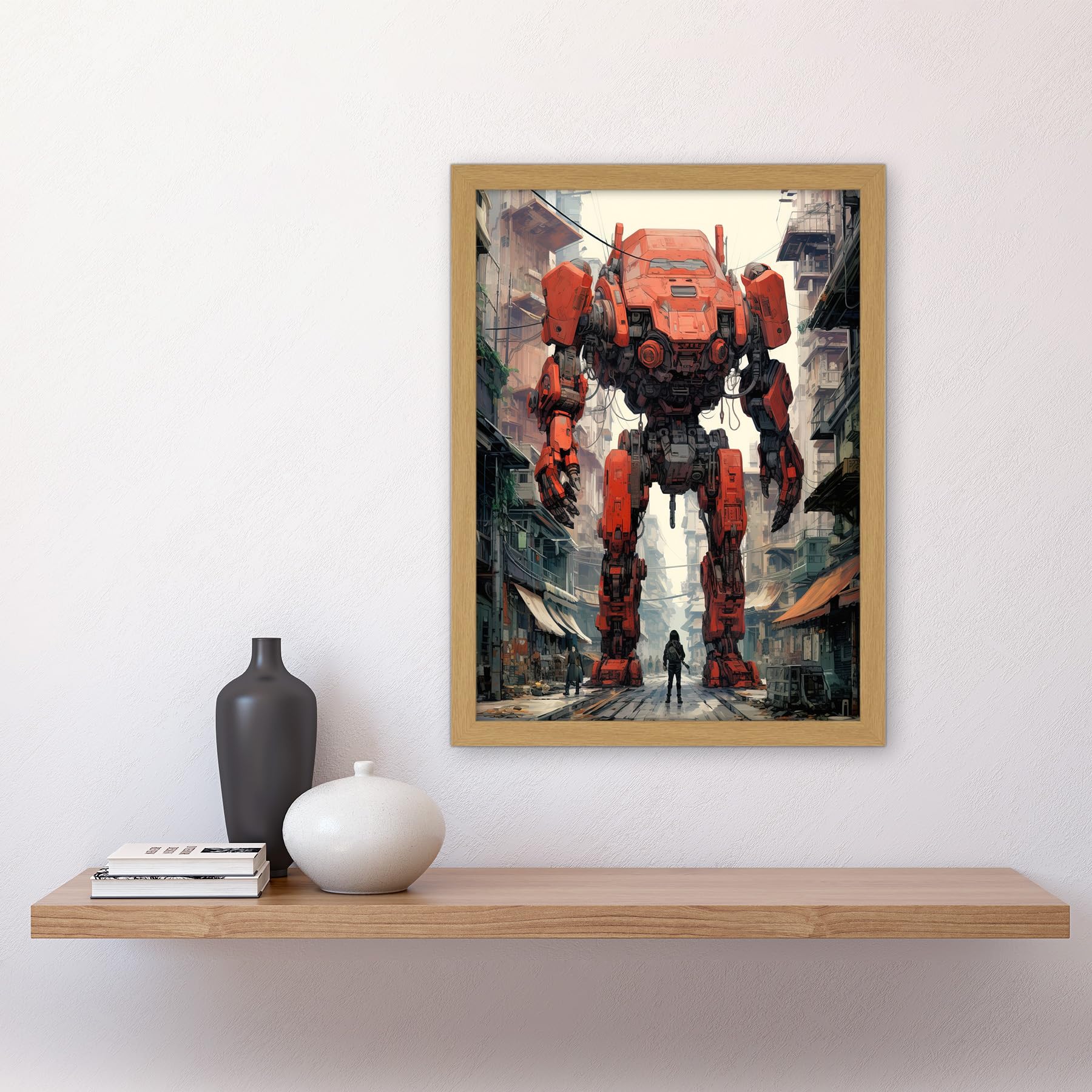 Artery8 Red Mecha Robot in City Street Anime Sci-Fi Artwork Giant Humanoid Machine Fantasy Science Fiction Artwork Framed A3 Wall Art Print - Image 2