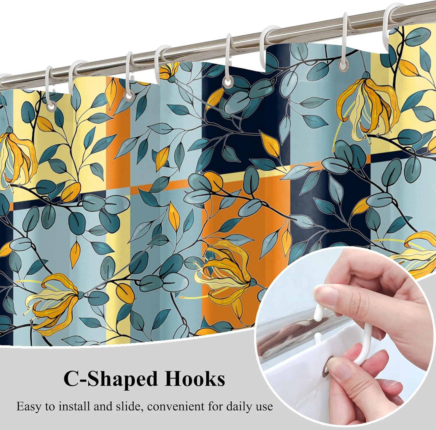 Plaid Pattern Retro Classic Shower Curtain Plant Leaves with Flowers Printed Bath Curtain Waterproof Washable Fabric Bathroom Bathtub Decor Shower Curtain Set with Hooks 72x72 Inch